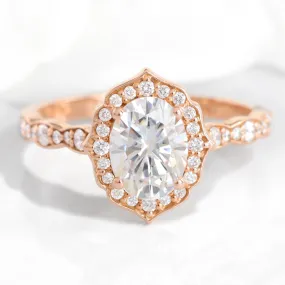 Oval Moissanite Engagement Ring in Vintage Floral Diamond Band