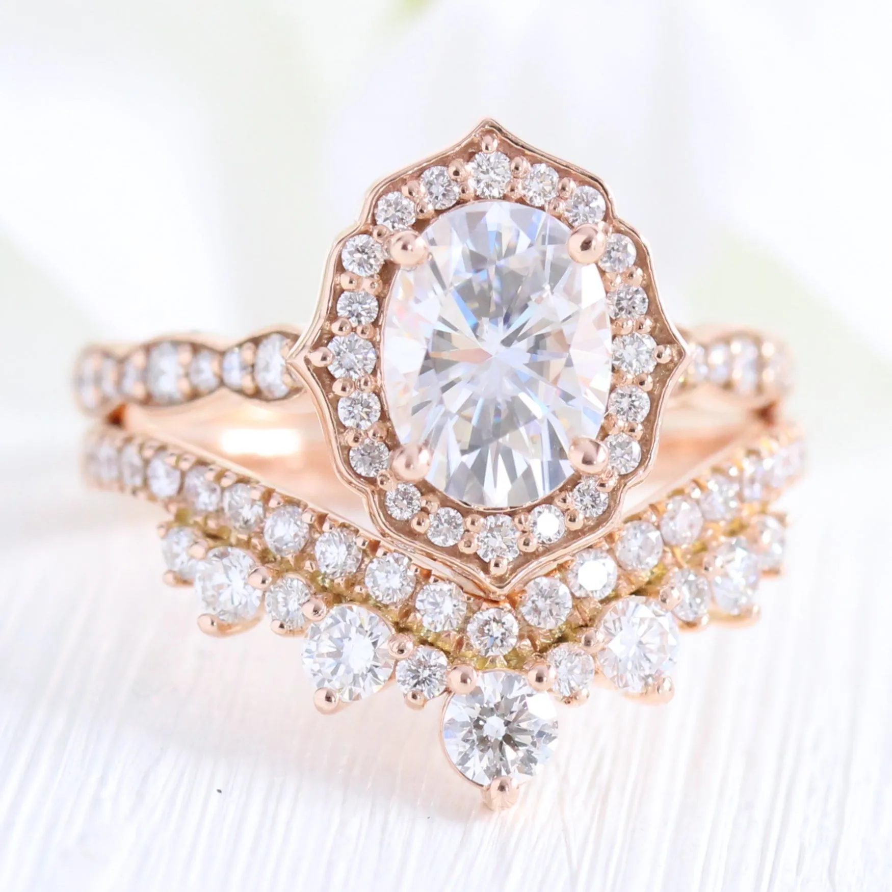 Oval Moissanite Engagement Ring in Vintage Floral Diamond Band