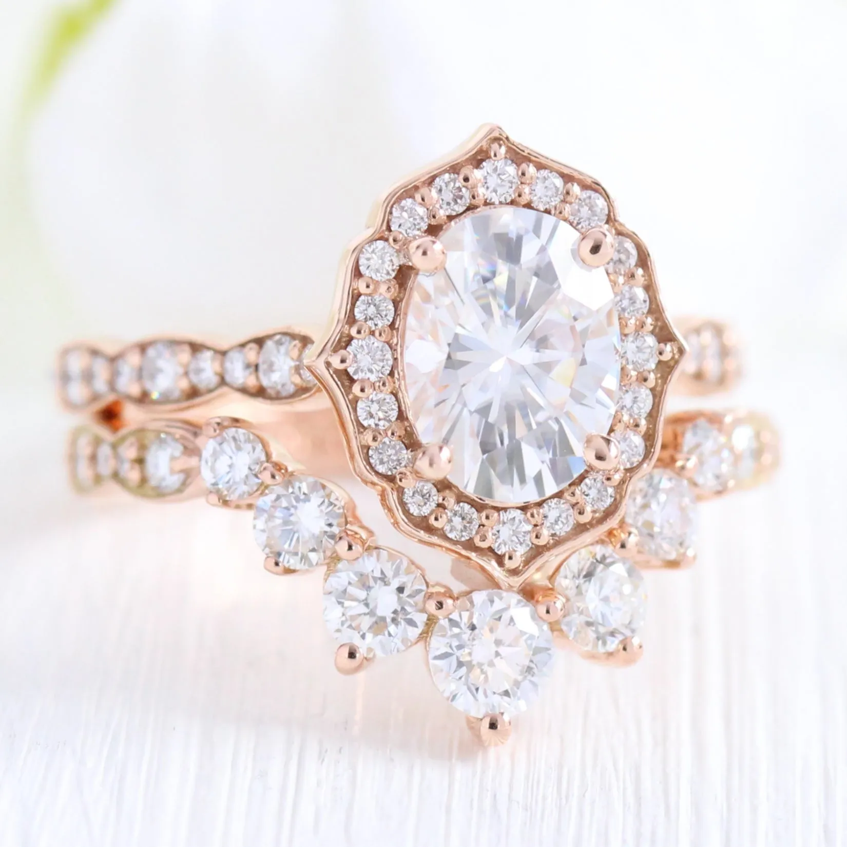 Oval Moissanite Engagement Ring in Vintage Floral Diamond Band