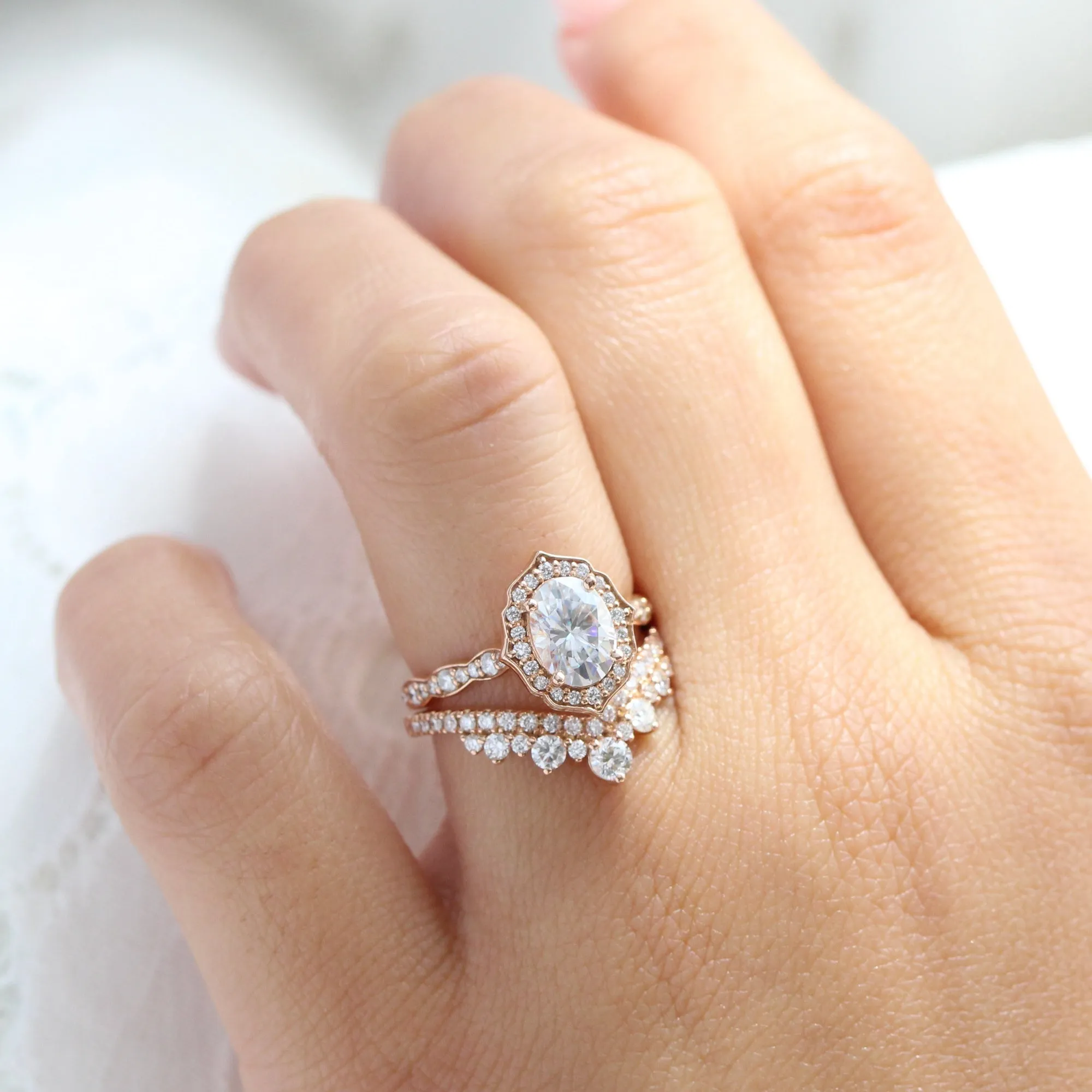 Oval Moissanite Engagement Ring in Vintage Floral Diamond Band