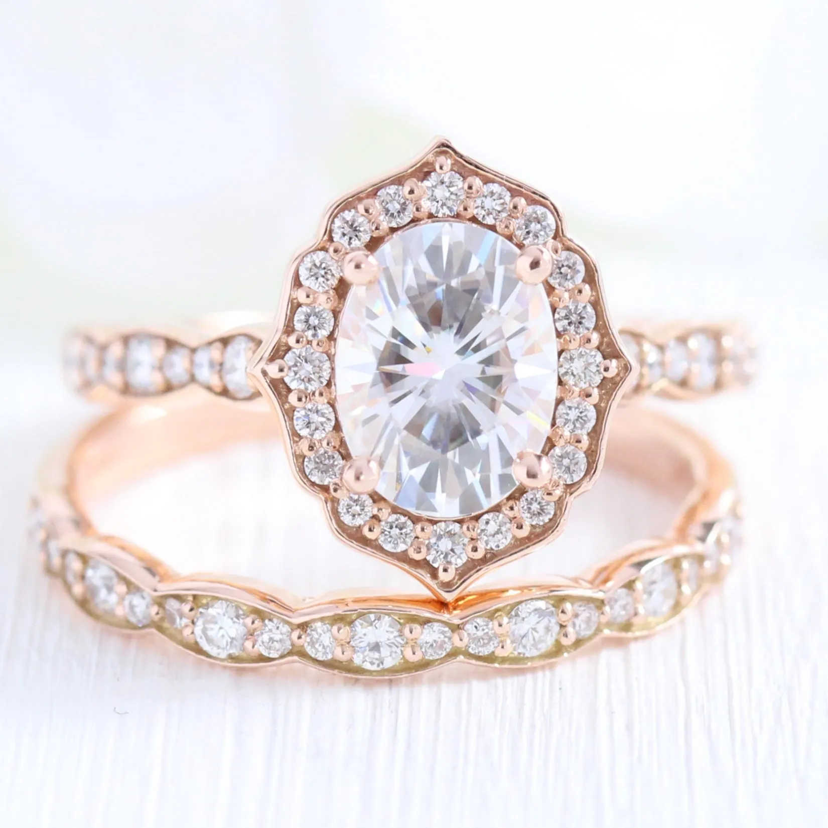 Oval Moissanite Engagement Ring in Vintage Floral Diamond Band