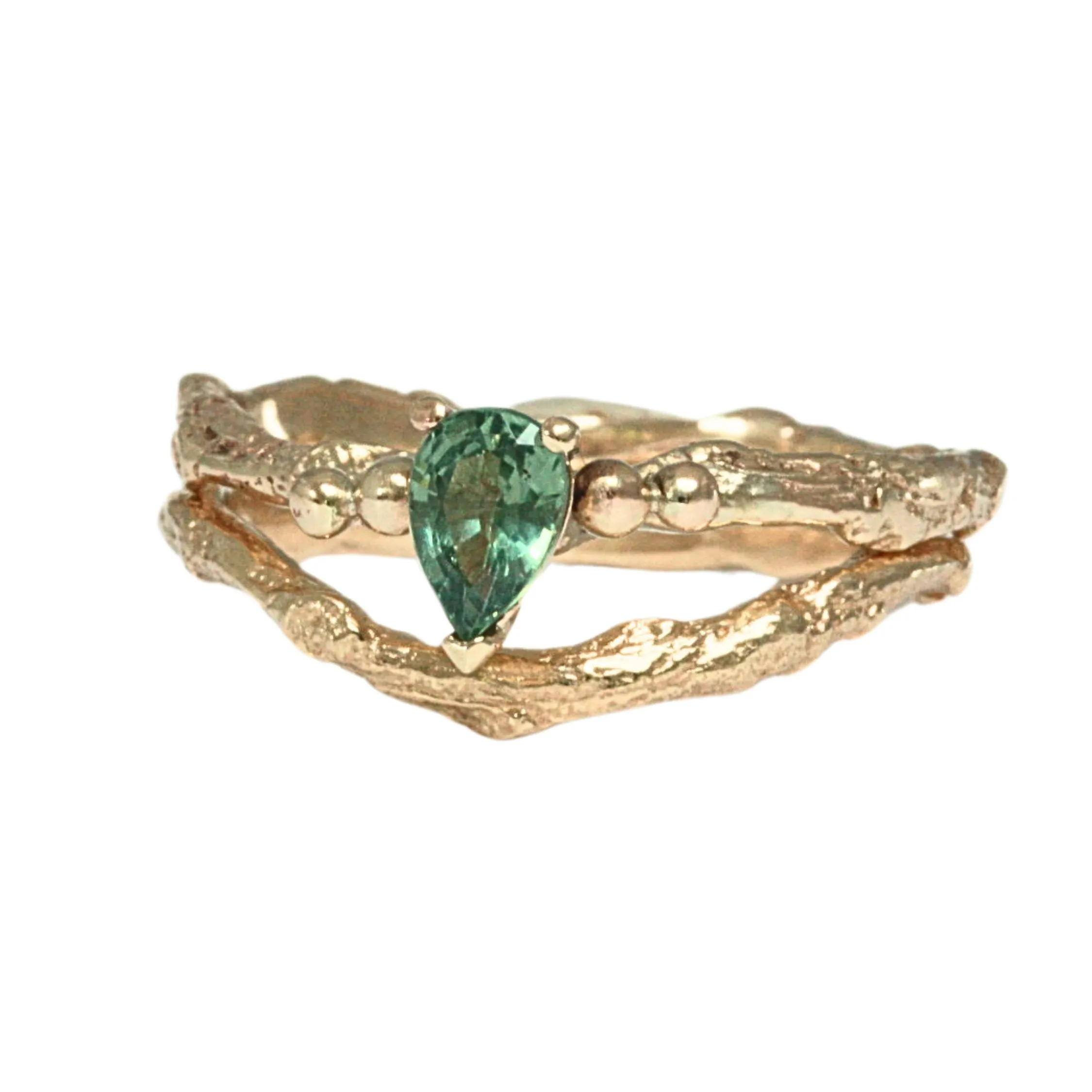 Pear Green Sapphire Engagement Ring, Gold Twig Ring