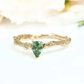 Pear Green Sapphire Engagement Ring, Gold Twig Ring