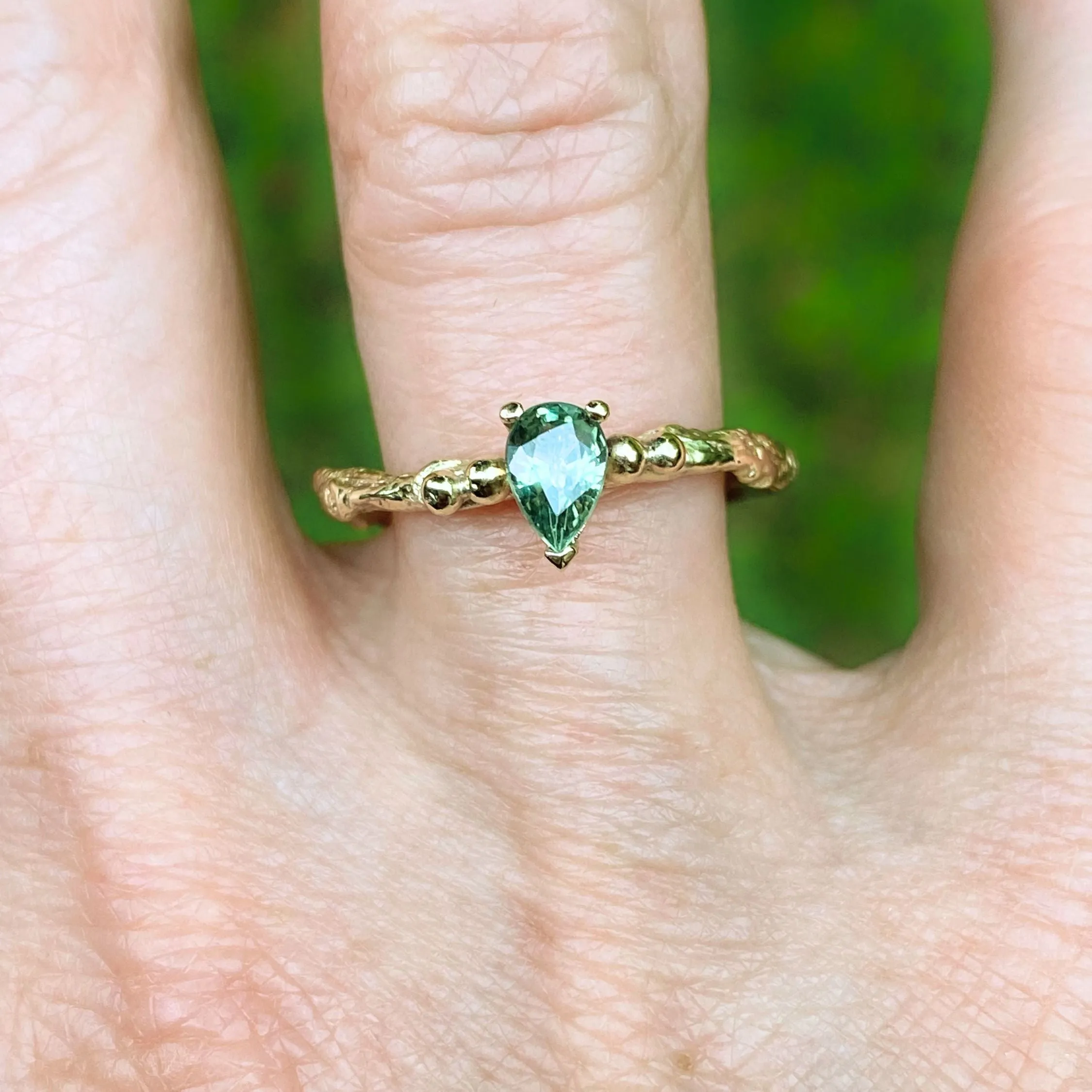 Pear Green Sapphire Engagement Ring, Gold Twig Ring