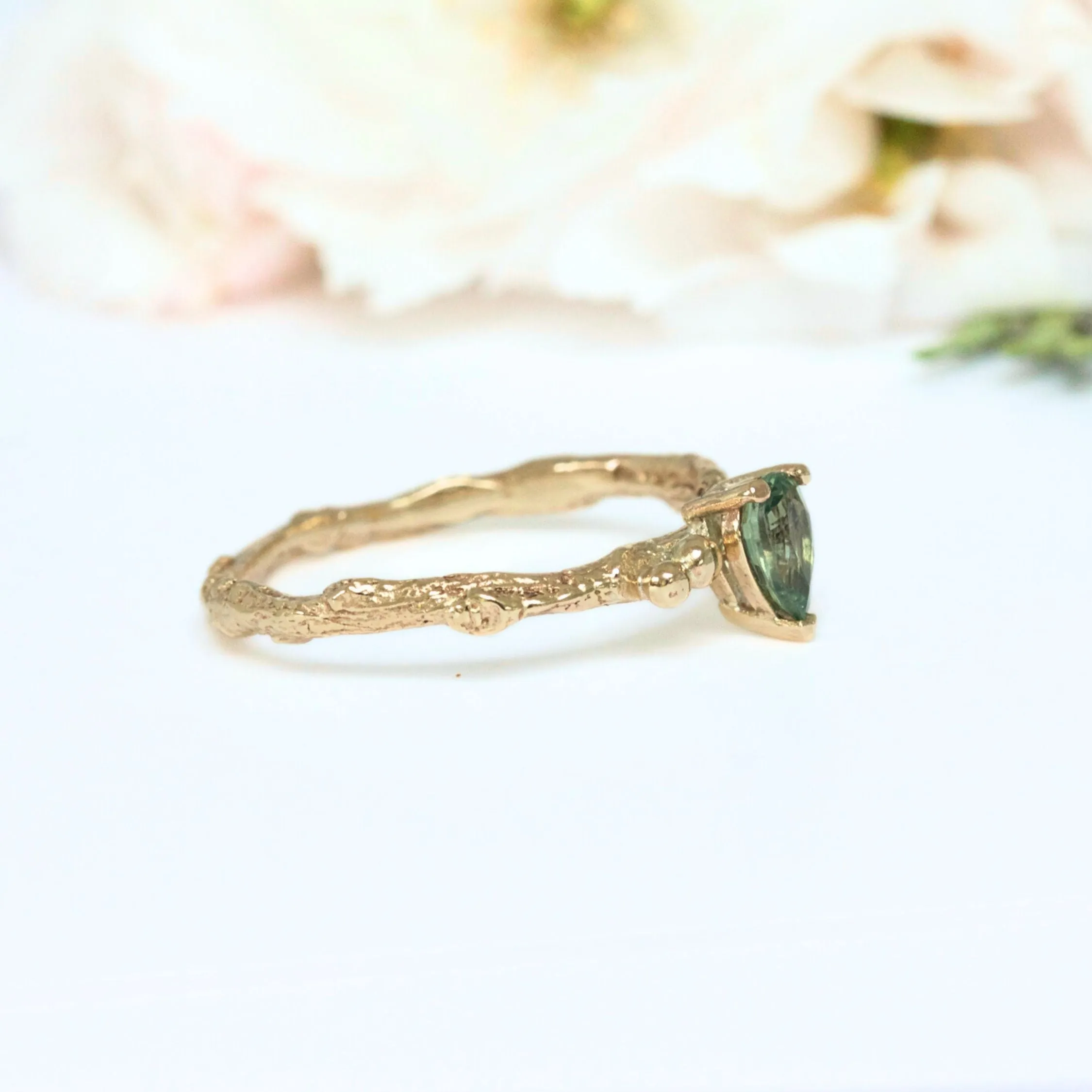 Pear Green Sapphire Engagement Ring, Gold Twig Ring