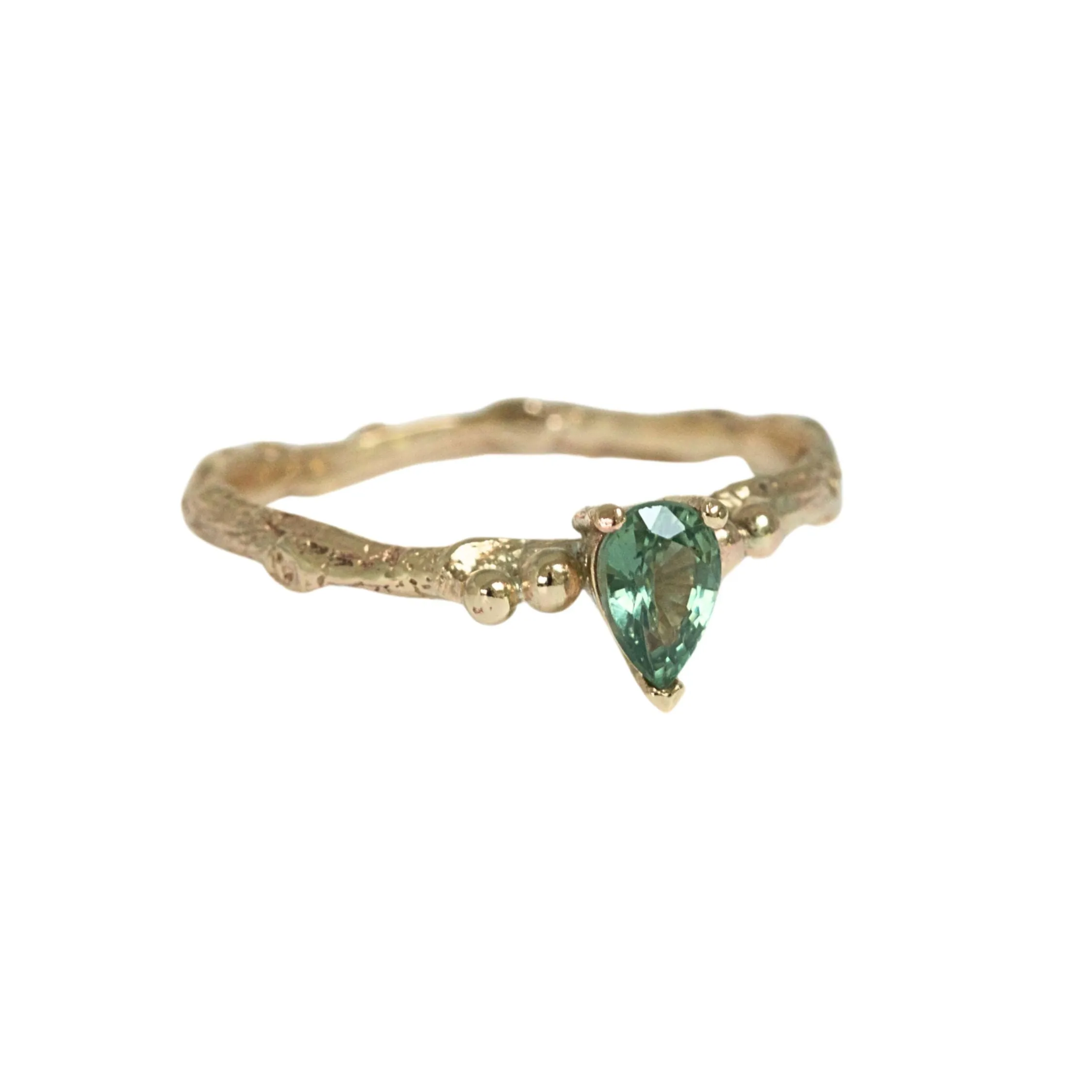 Pear Green Sapphire Engagement Ring, Gold Twig Ring