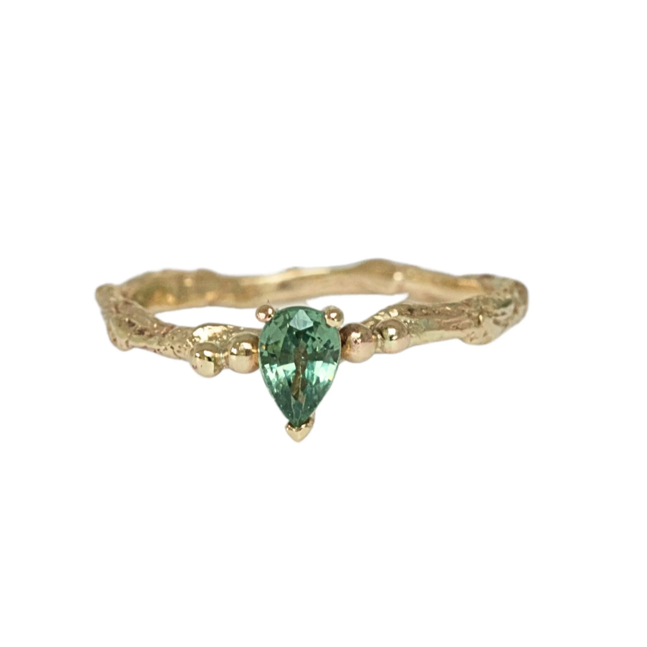 Pear Green Sapphire Engagement Ring, Gold Twig Ring