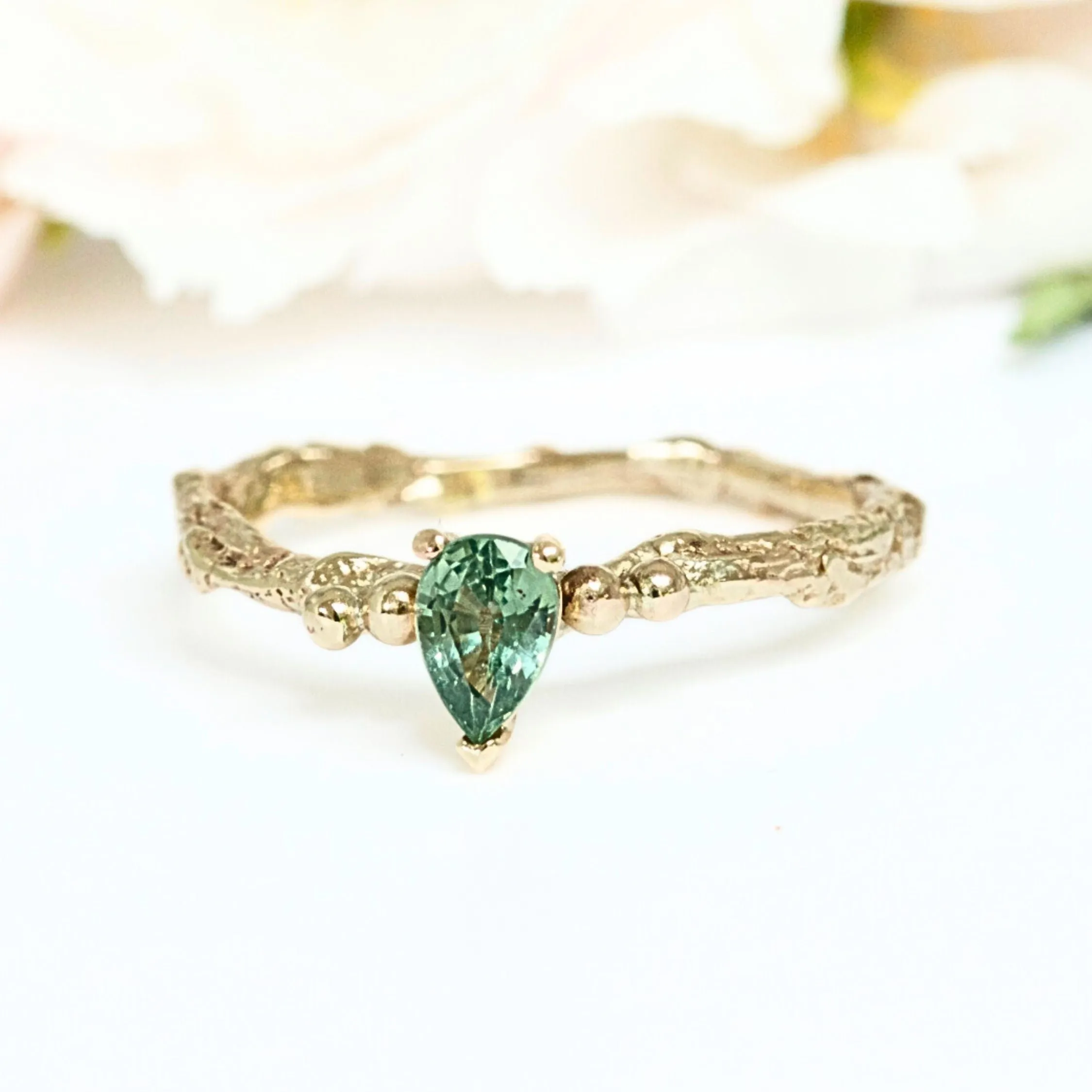 Pear Green Sapphire Engagement Ring, Gold Twig Ring