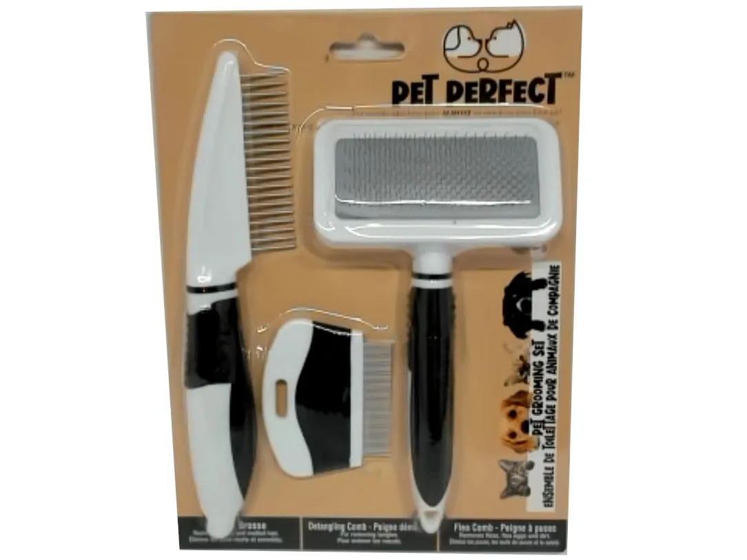 Pet Grooming Set 3pc. Brush, Detangling Comb & Flea Comb Pet Perfect