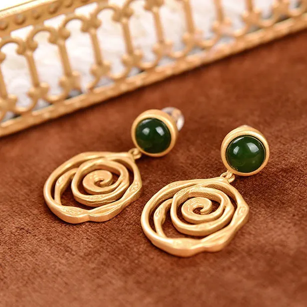 Petite Natural Hetian Inlaid Green Jade Spiral Earrings