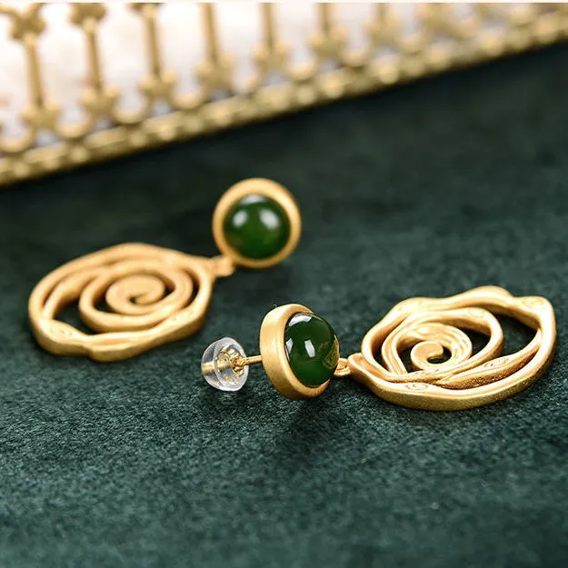 Petite Natural Hetian Inlaid Green Jade Spiral Earrings