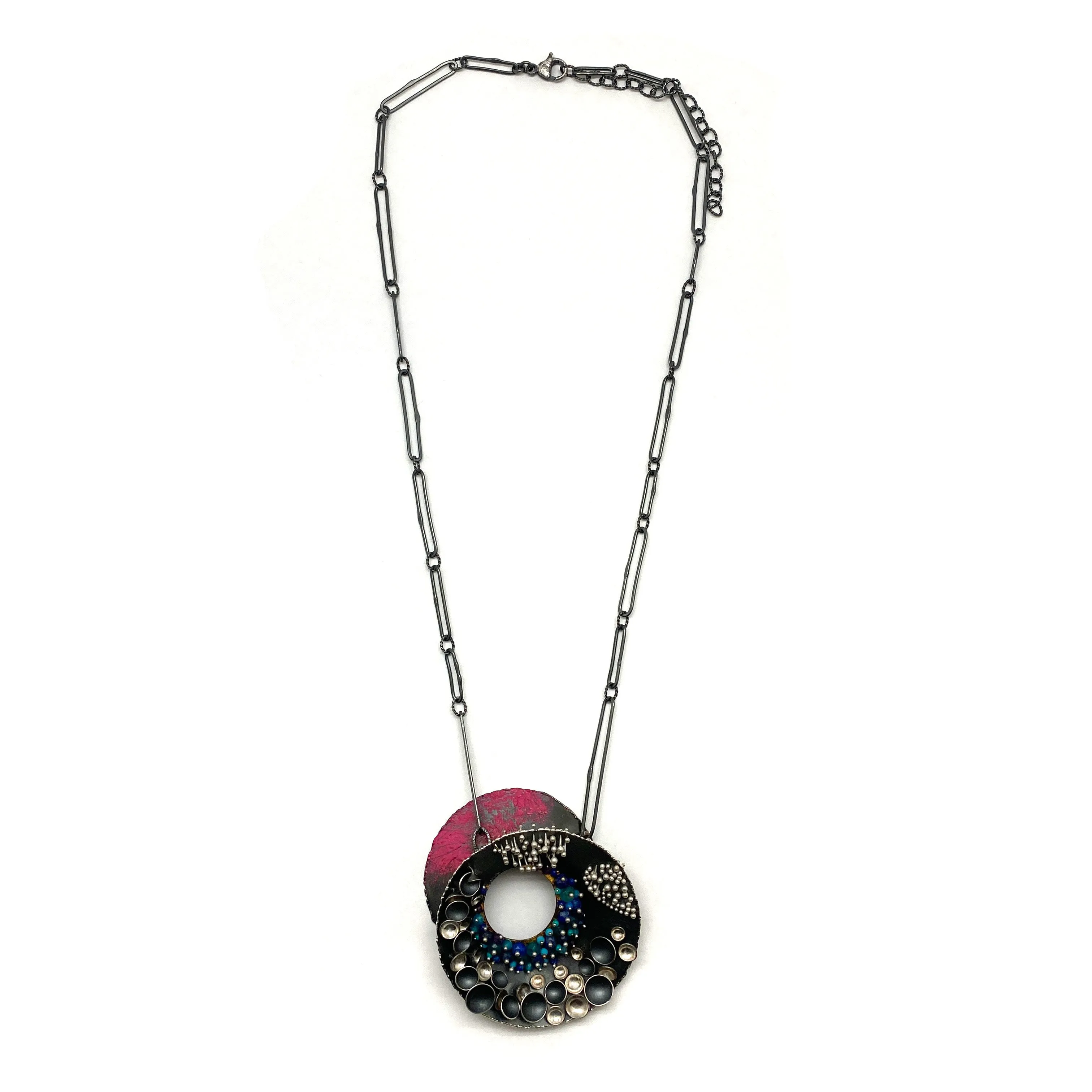 Pink and Blue Multi-Bead Silver Concave Necklace