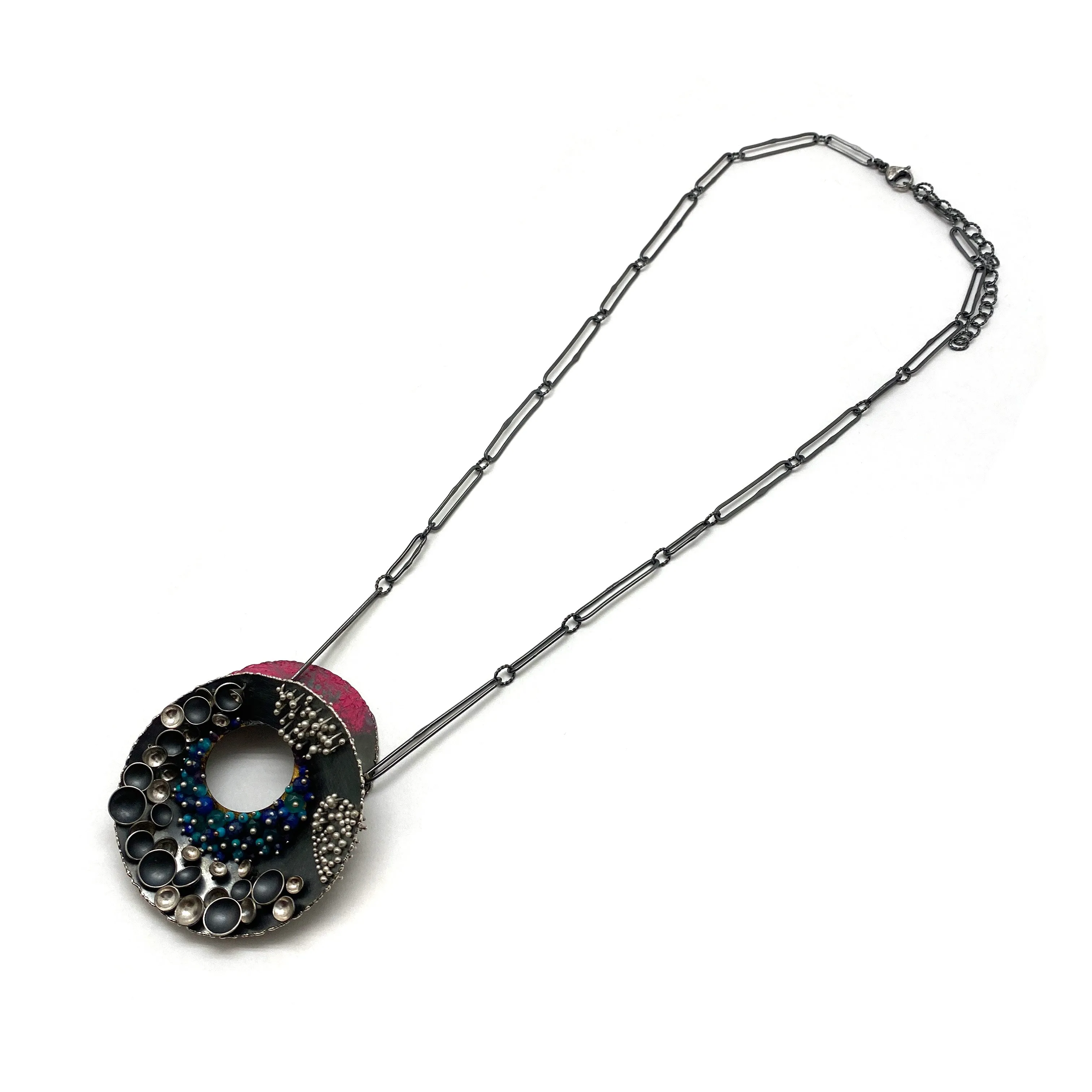 Pink and Blue Multi-Bead Silver Concave Necklace