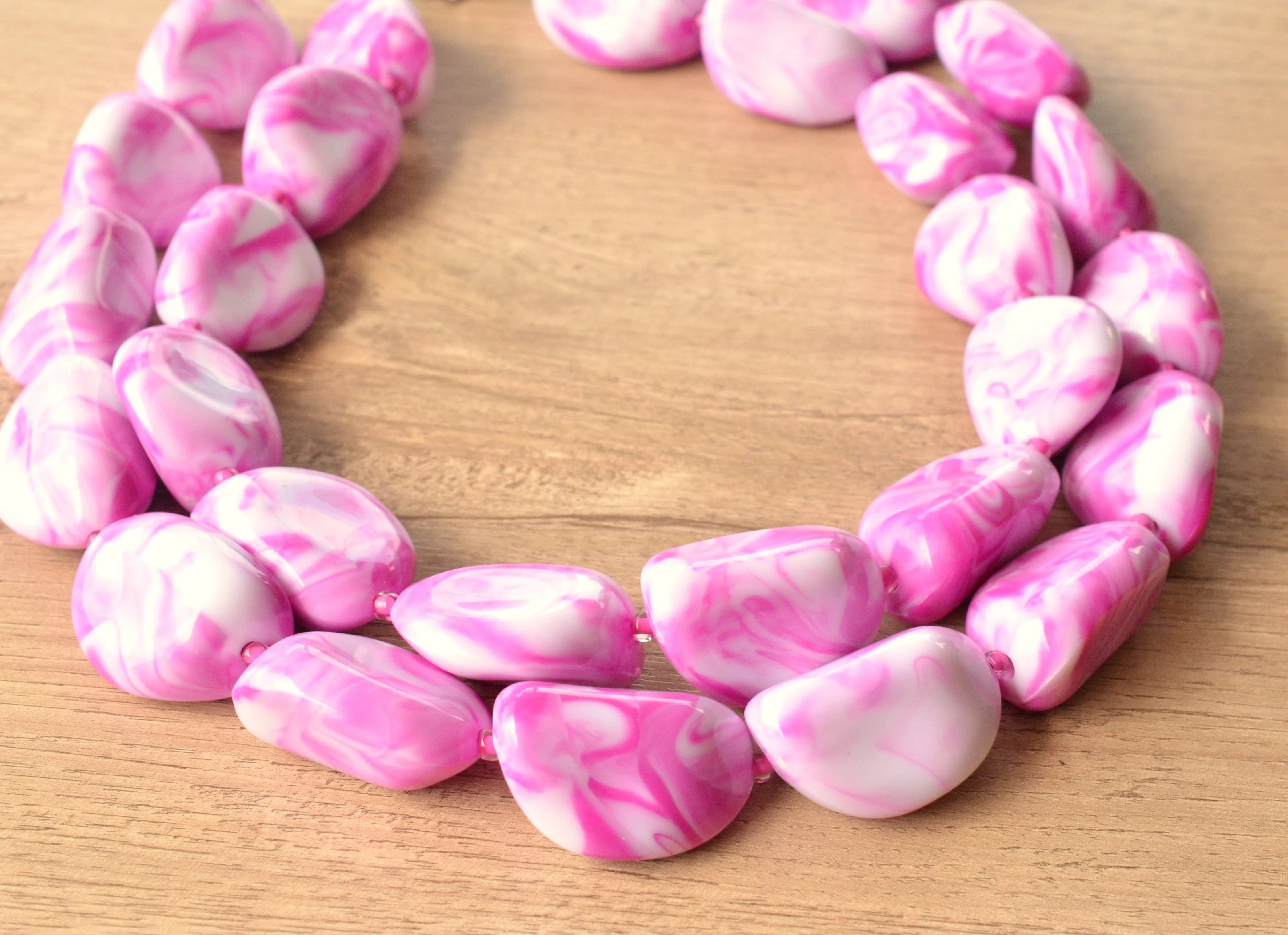 Pink White Lucite Beaded Multi Strand Chunky Statement Necklace - Pebbles