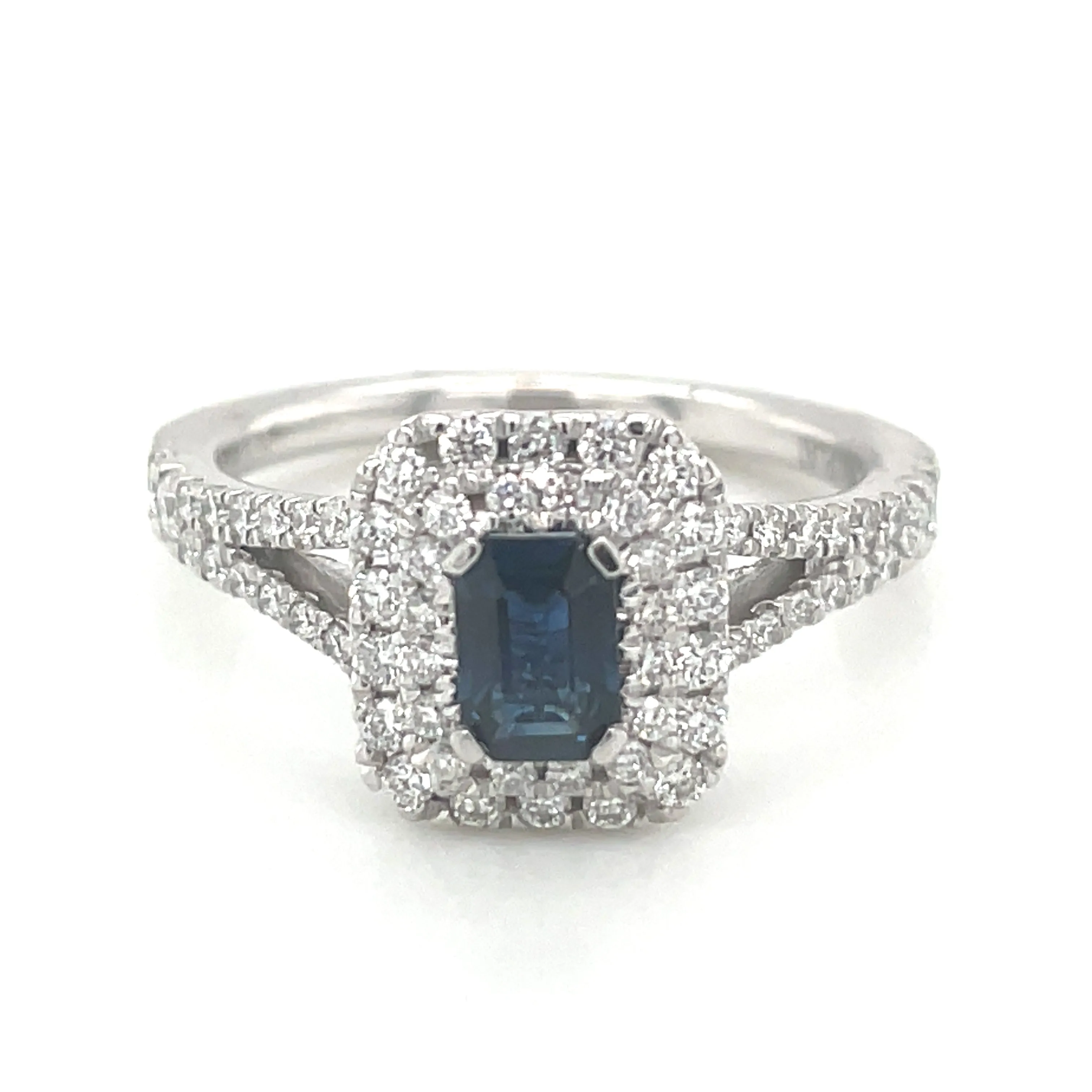 Platinum Emerald Cut 0.75ct Sapphire Double Diamond Halo Ring with Split Shank Shoulders