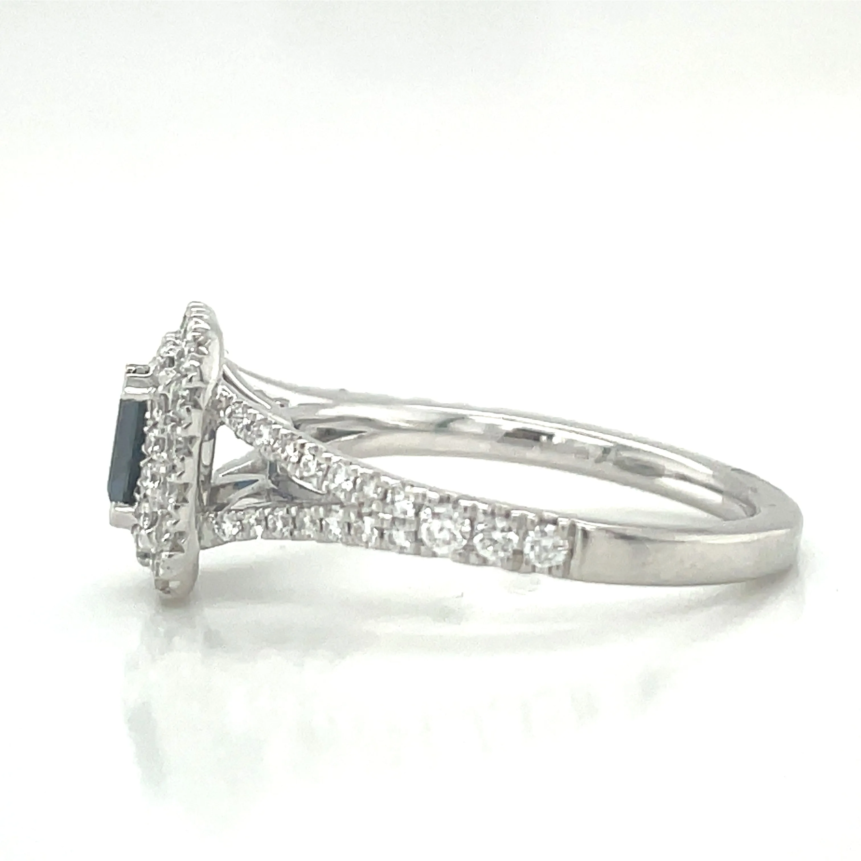 Platinum Emerald Cut 0.75ct Sapphire Double Diamond Halo Ring with Split Shank Shoulders