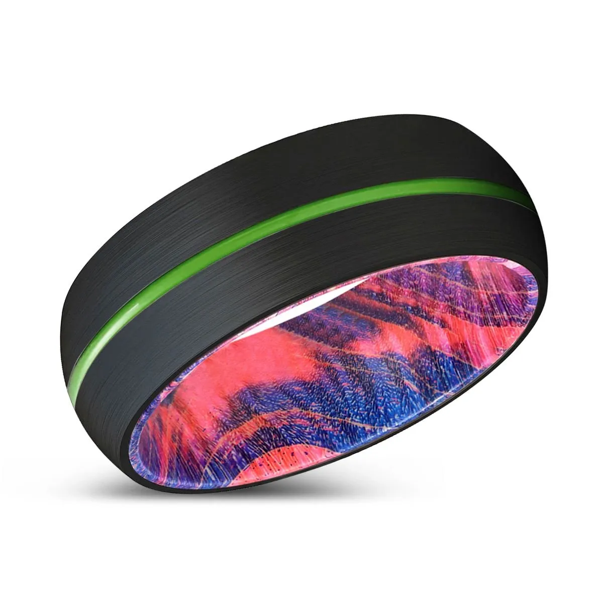 PLUNGE | Blue & Red Wood, Black Tungsten Ring, Green Groove, Domed