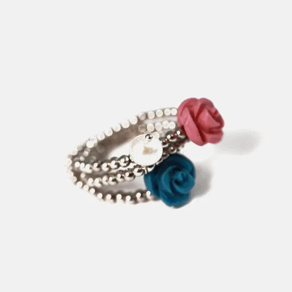 "Ring Around the Rosy" Sterling Silver Pink & Turquoise Rose Rings