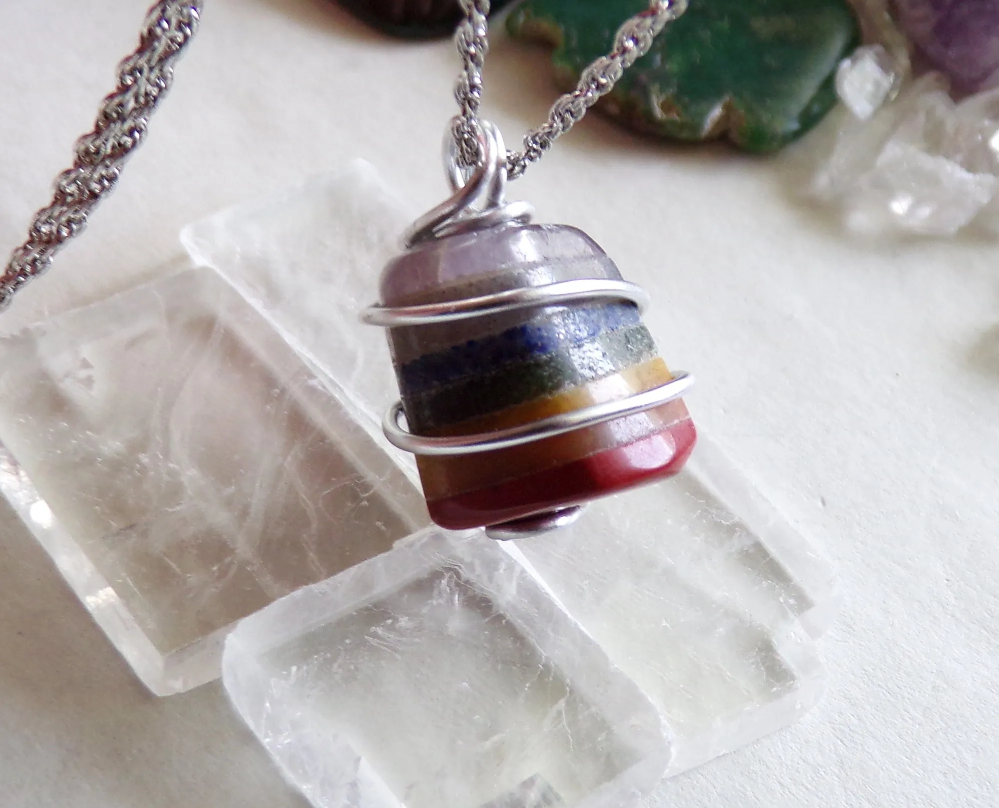 Rainbow Chakra Crystal Wire Wrapped Gemstone Pendant Necklace