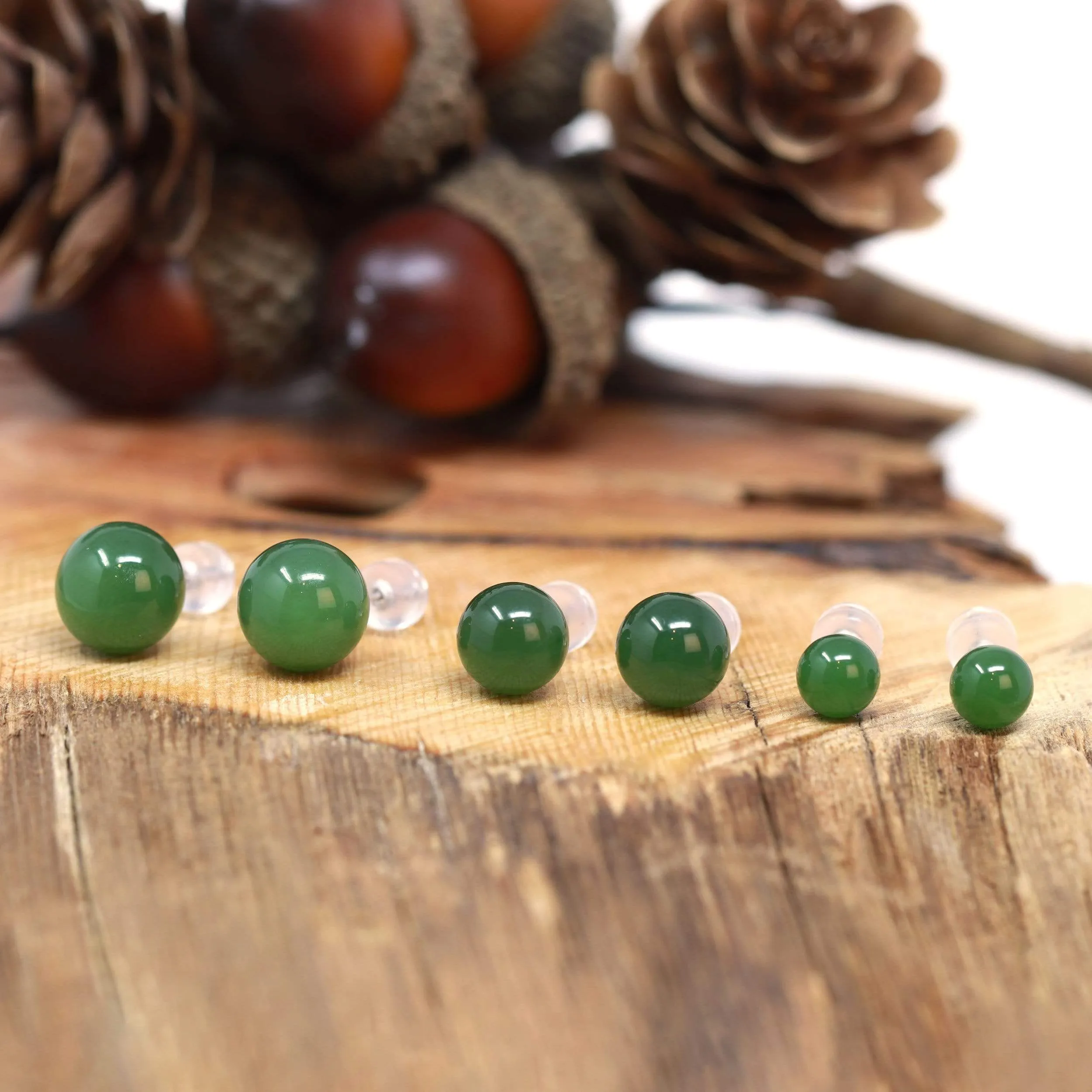 RealJade® "Classic Jade Stud" 14K Gold Genuine Nephrite Green Jade Beads (high quality) Earrings