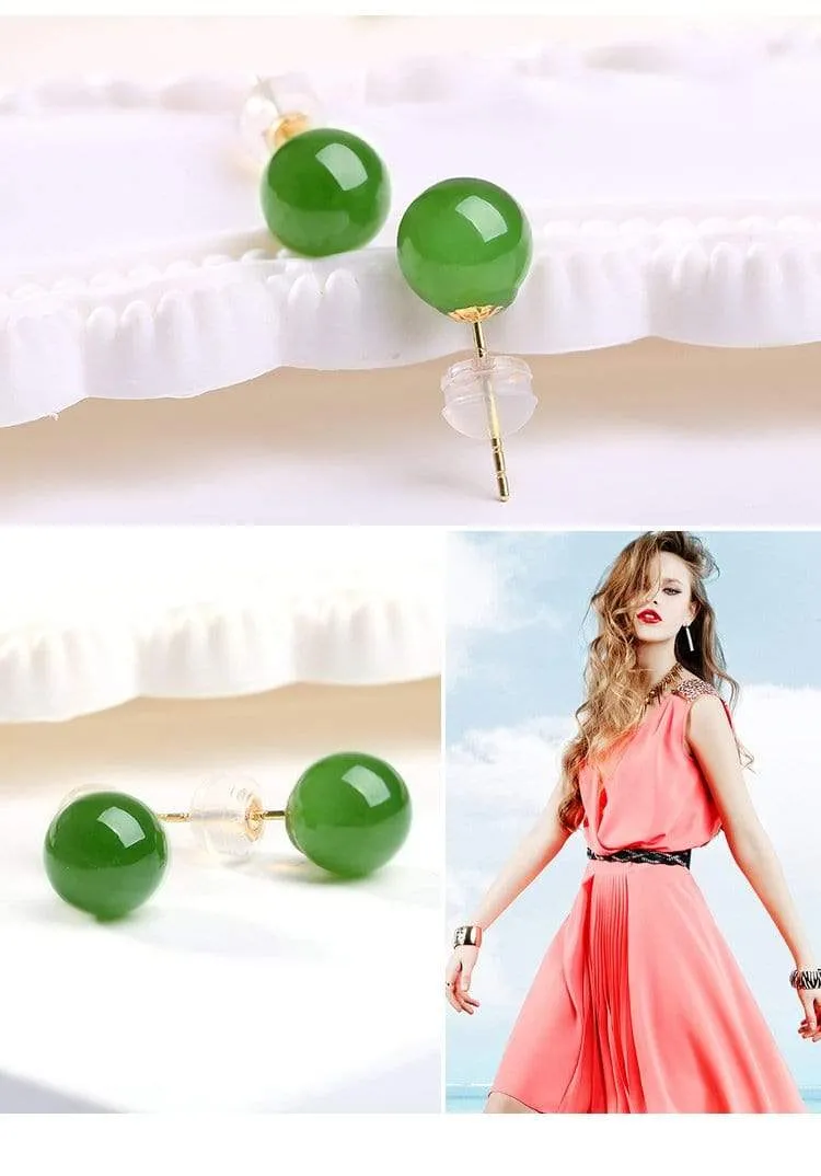 RealJade® "Classic Jade Stud" 14K Gold Genuine Nephrite Green Jade Beads (high quality) Earrings