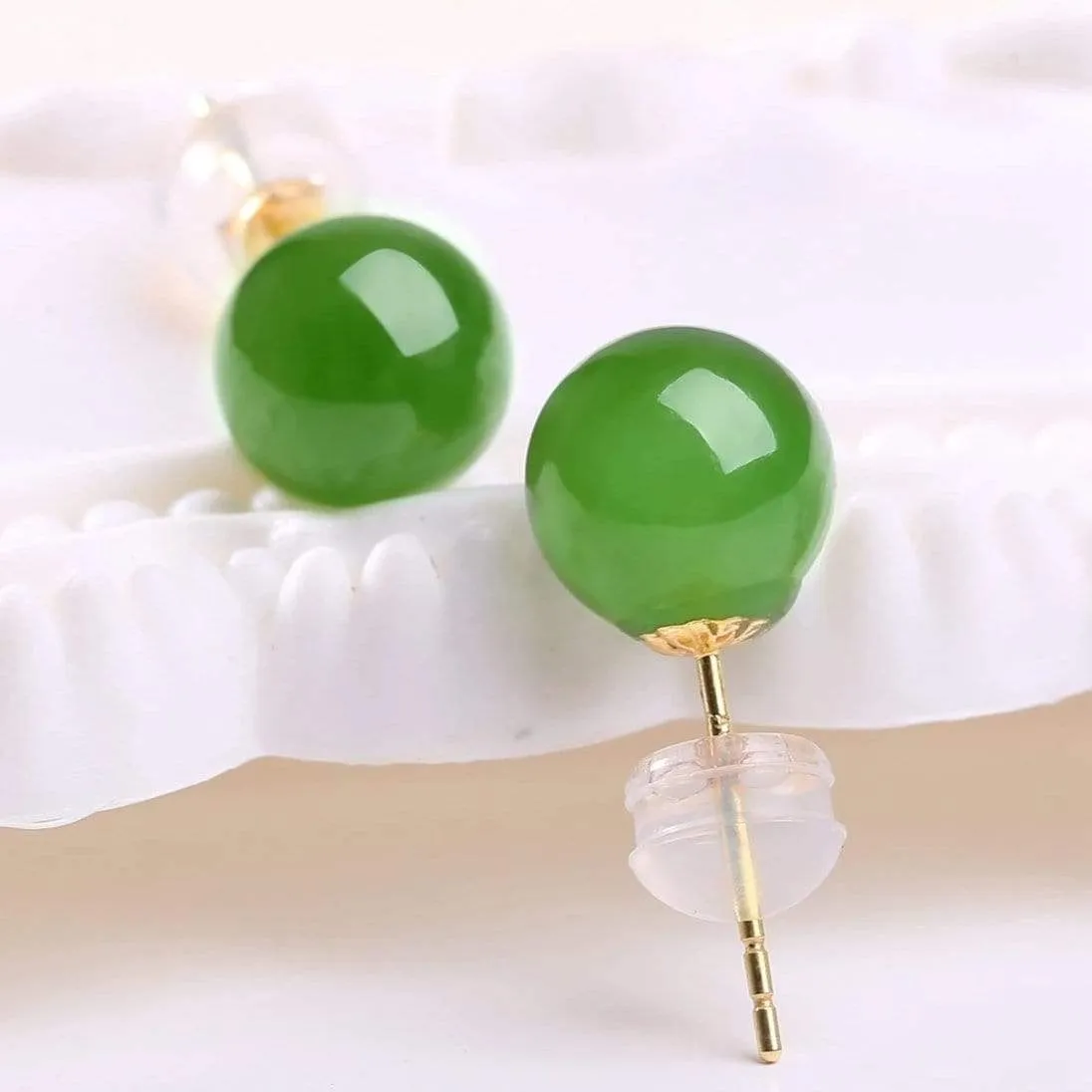 RealJade® "Classic Jade Stud" 14K Gold Genuine Nephrite Green Jade Beads (high quality) Earrings