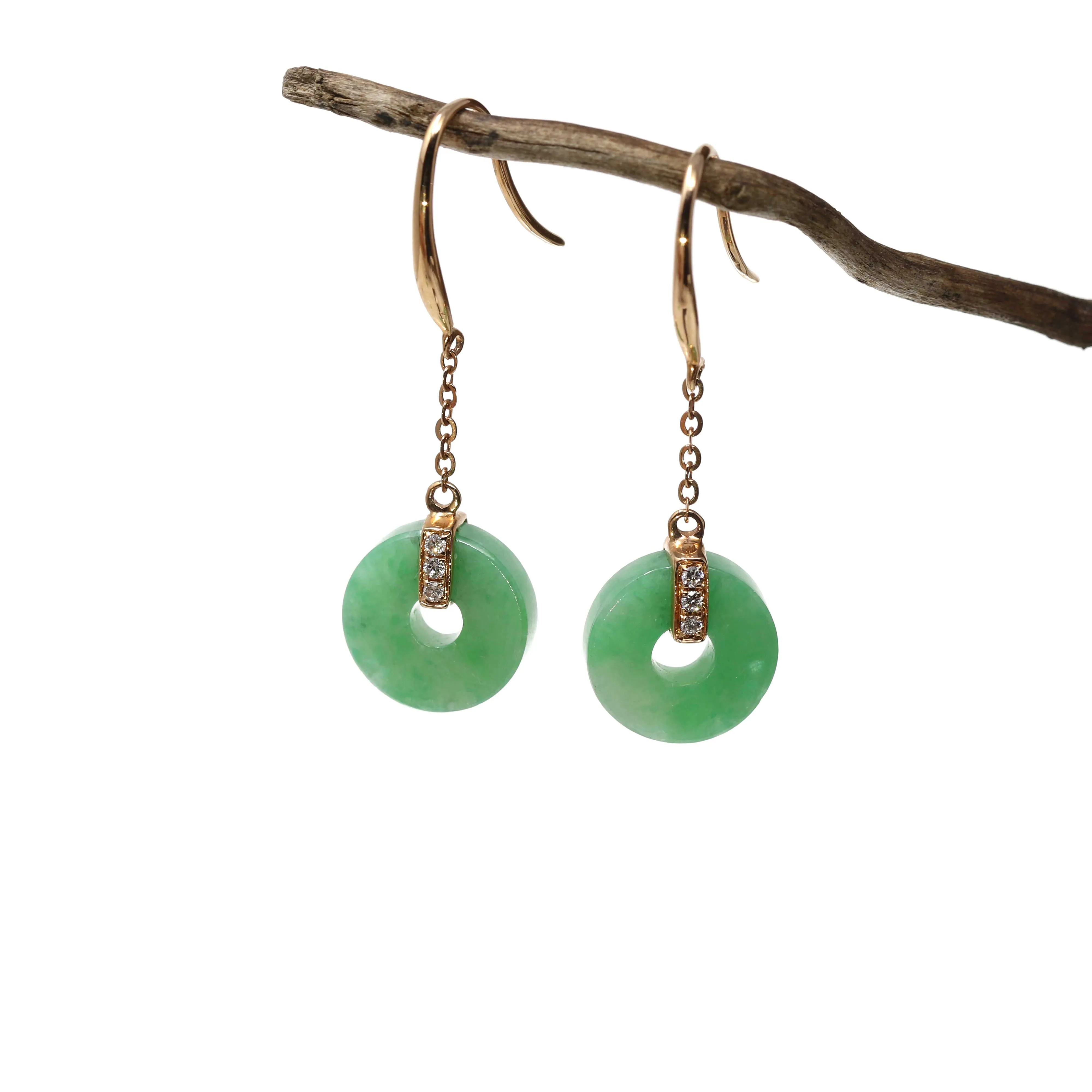 RealJade® "Lucky Button" 18K Royal Yellow Gold Genuine Jade Jadeite Lucky Button Drop Earrings