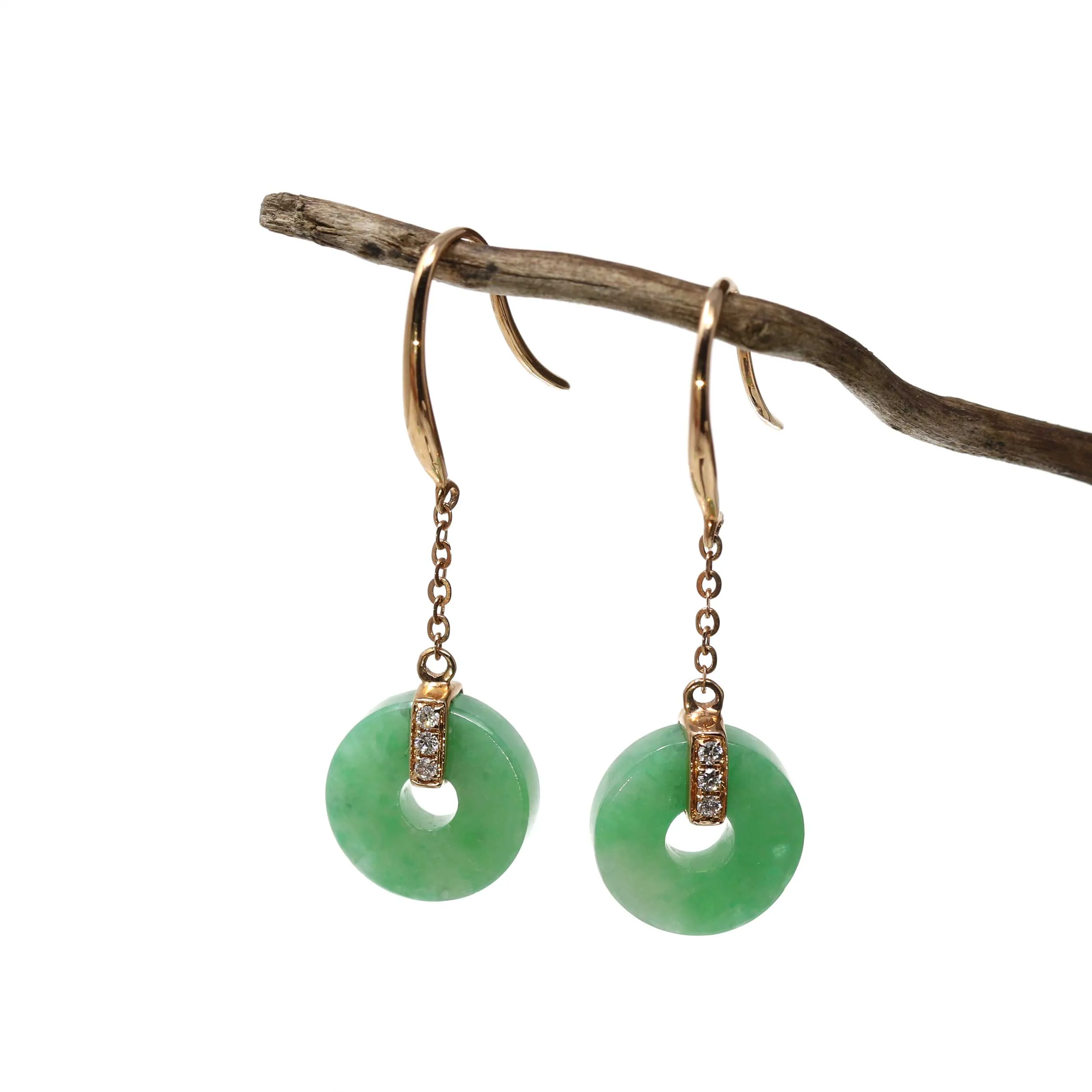 RealJade® "Lucky Button" 18K Royal Yellow Gold Genuine Jade Jadeite Lucky Button Drop Earrings