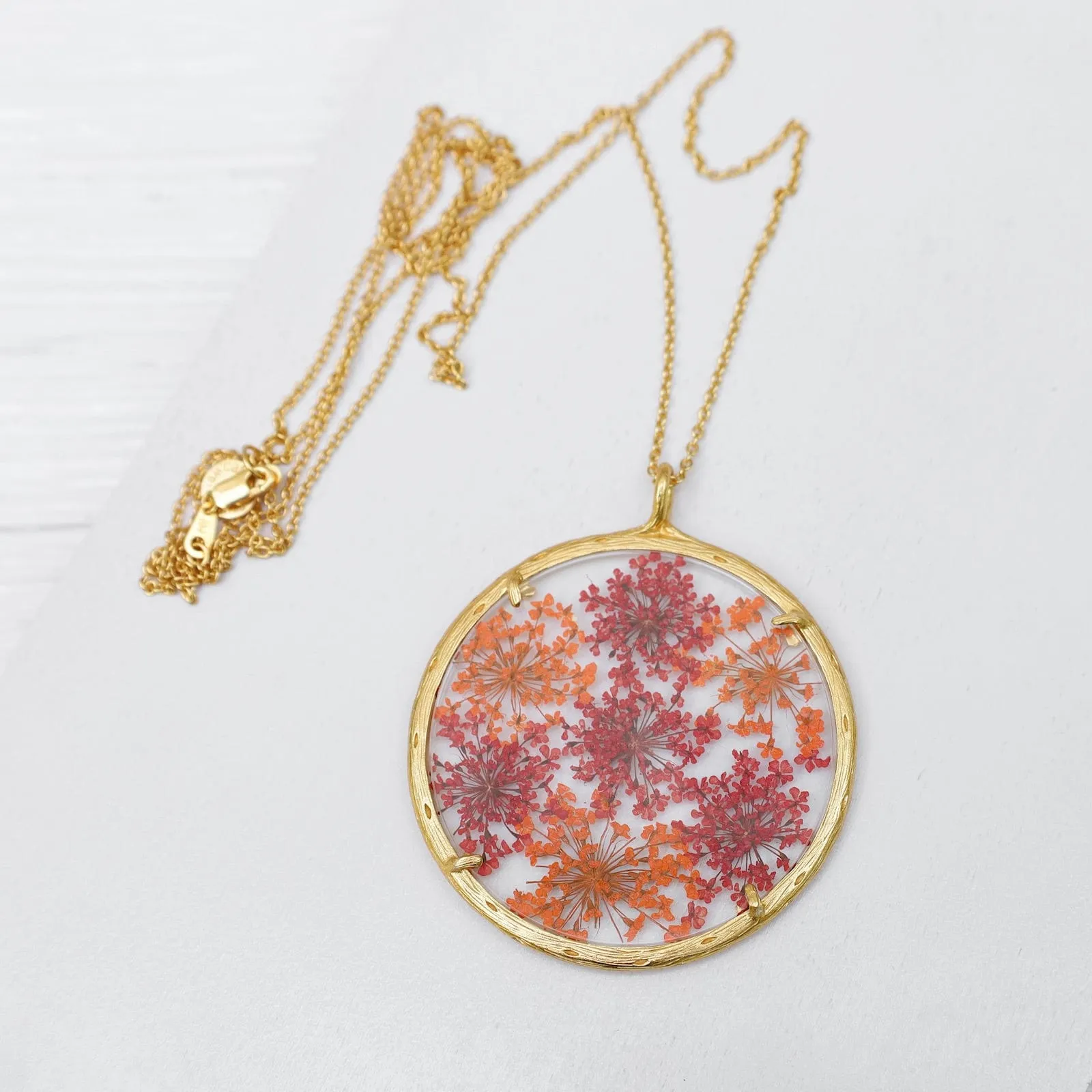 Red & Orange Queen Anne's Lace Extra Large Botanical Necklace - 18k Gold Vermeil