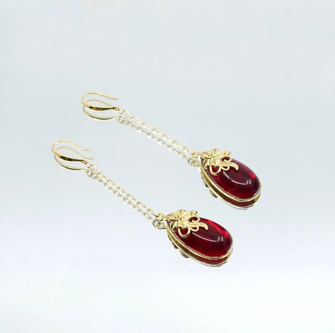 Red Jade Earrings with Long Dangle Chain