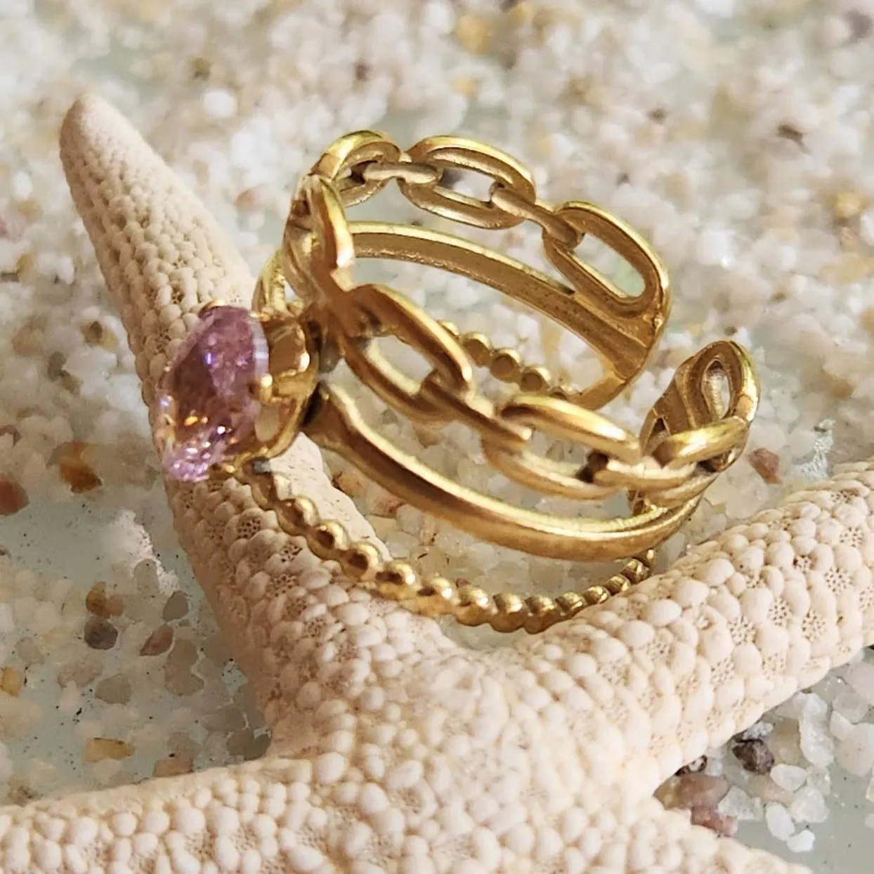 RING CHAIN  - ADJUSTABLE ROSE CUBIC ZIRCONIA WATERPROOF GOLD RING