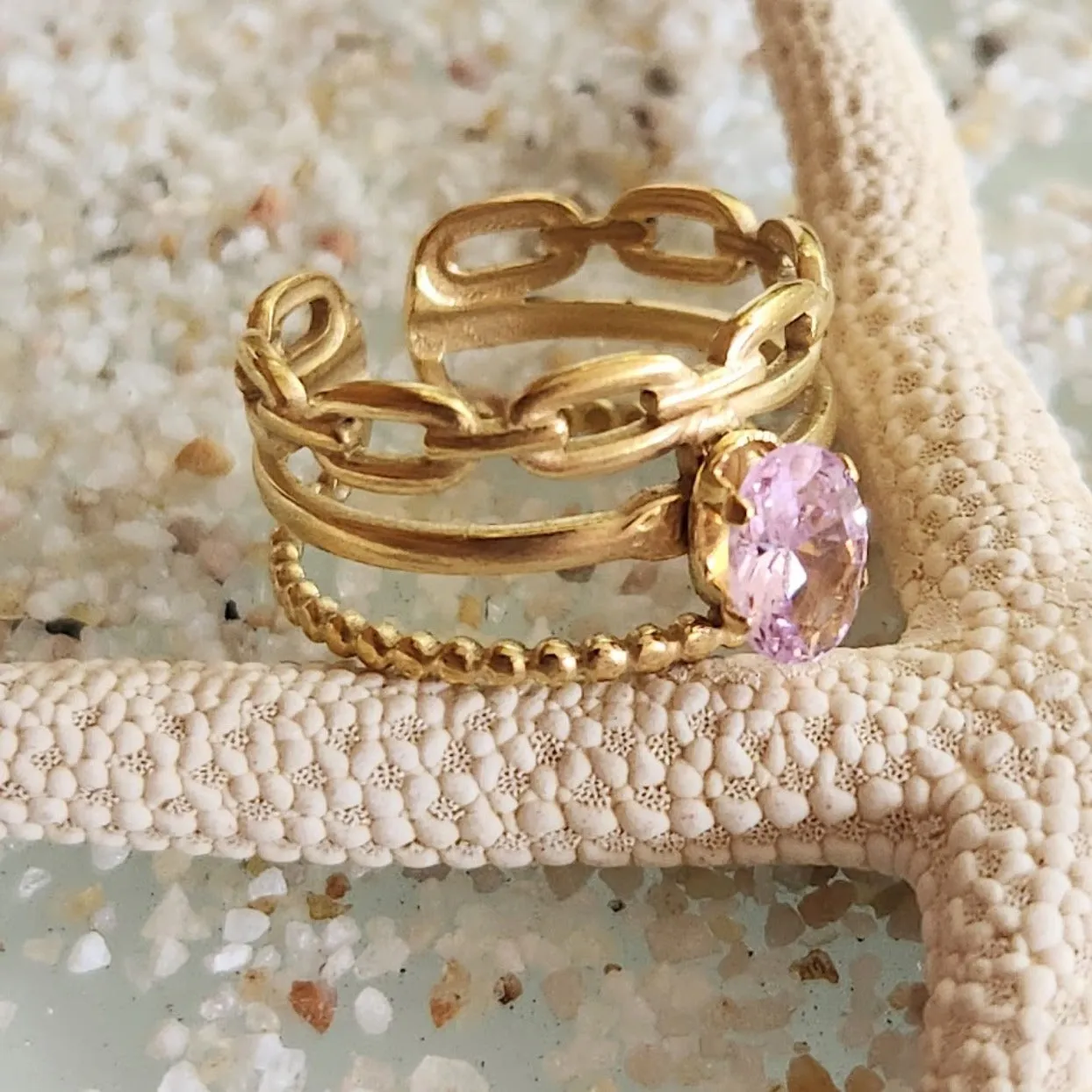 RING CHAIN  - ADJUSTABLE ROSE CUBIC ZIRCONIA WATERPROOF GOLD RING