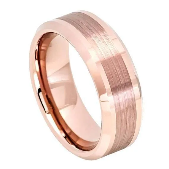 Rose Gold Carbide Tungsten Wedding Ring Brushed Center High Polish Beveled Edge - 8mm