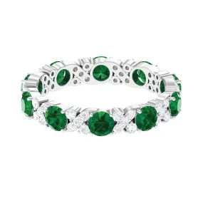 Round Created Emerald Classic Eternity Band Ring with Diamond