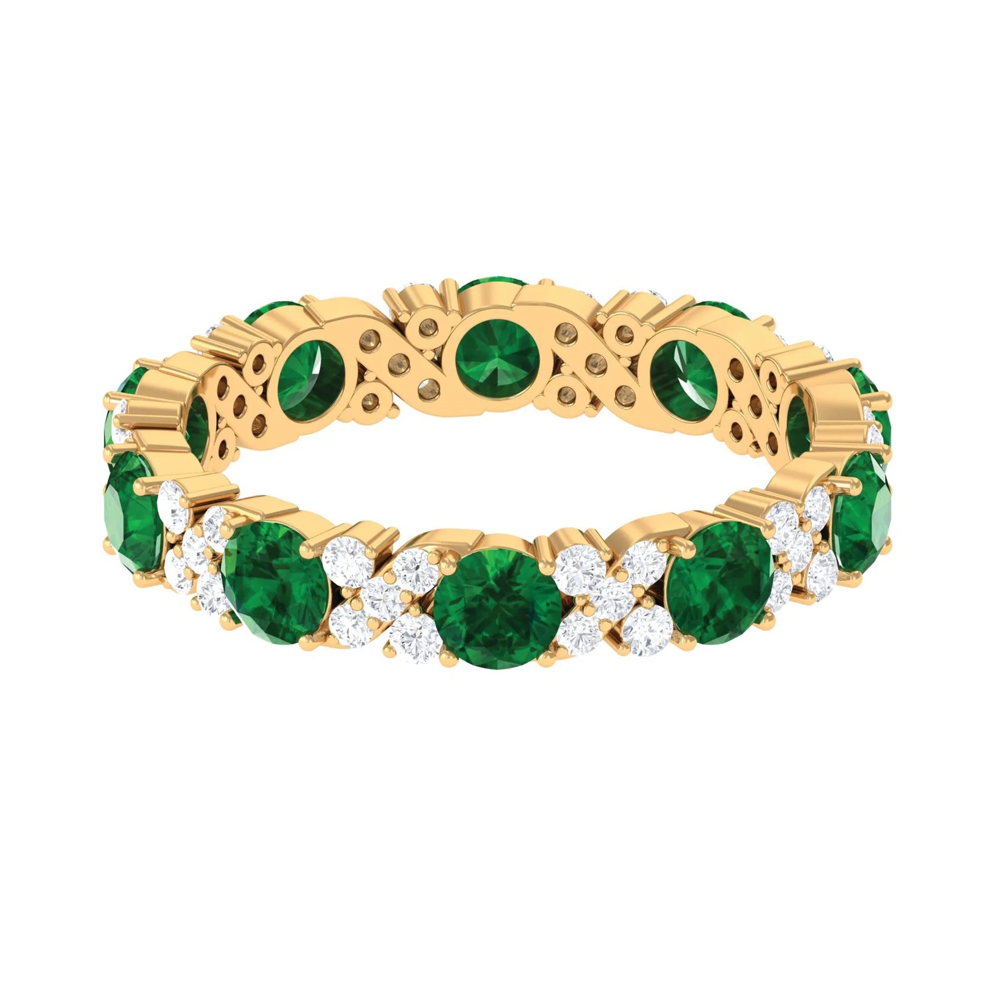 Round Created Emerald Classic Eternity Band Ring with Diamond