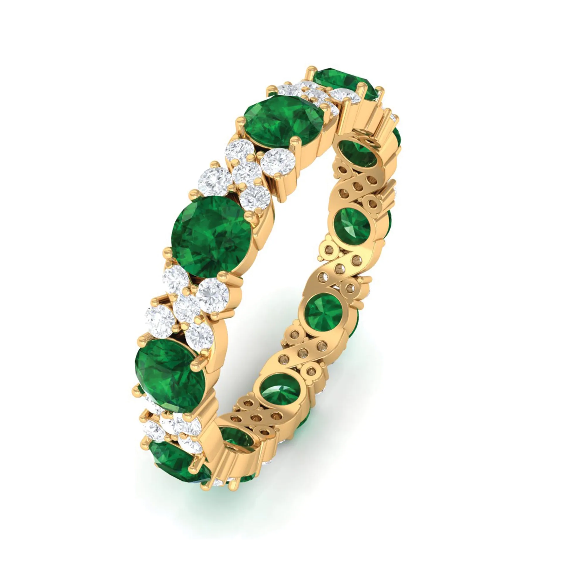 Round Created Emerald Classic Eternity Band Ring with Diamond