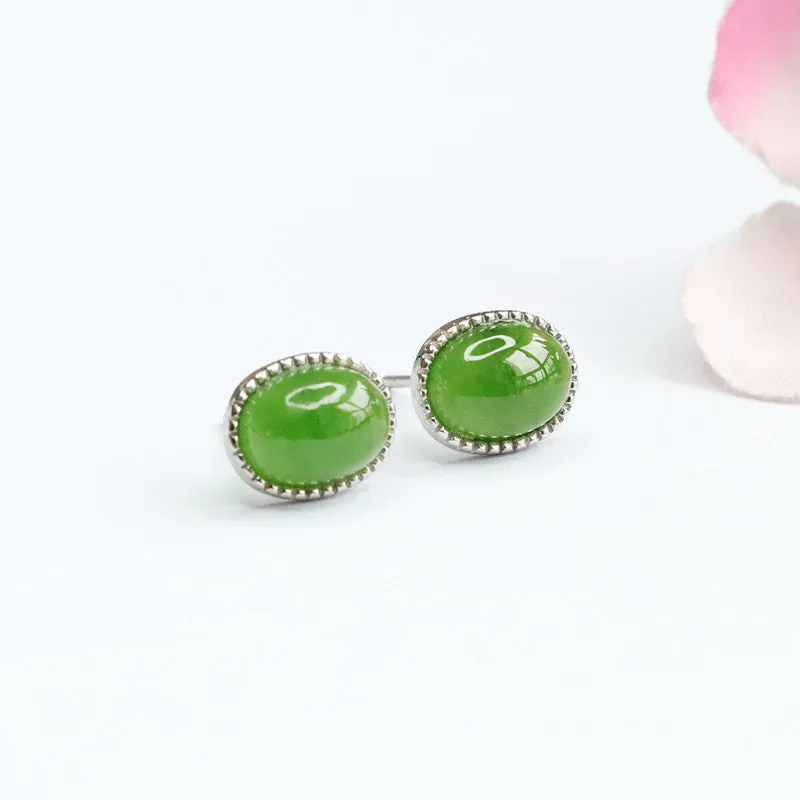 S925 Sterling Silver Hetian Jade Oval Earrings with Jasper Ear Studs