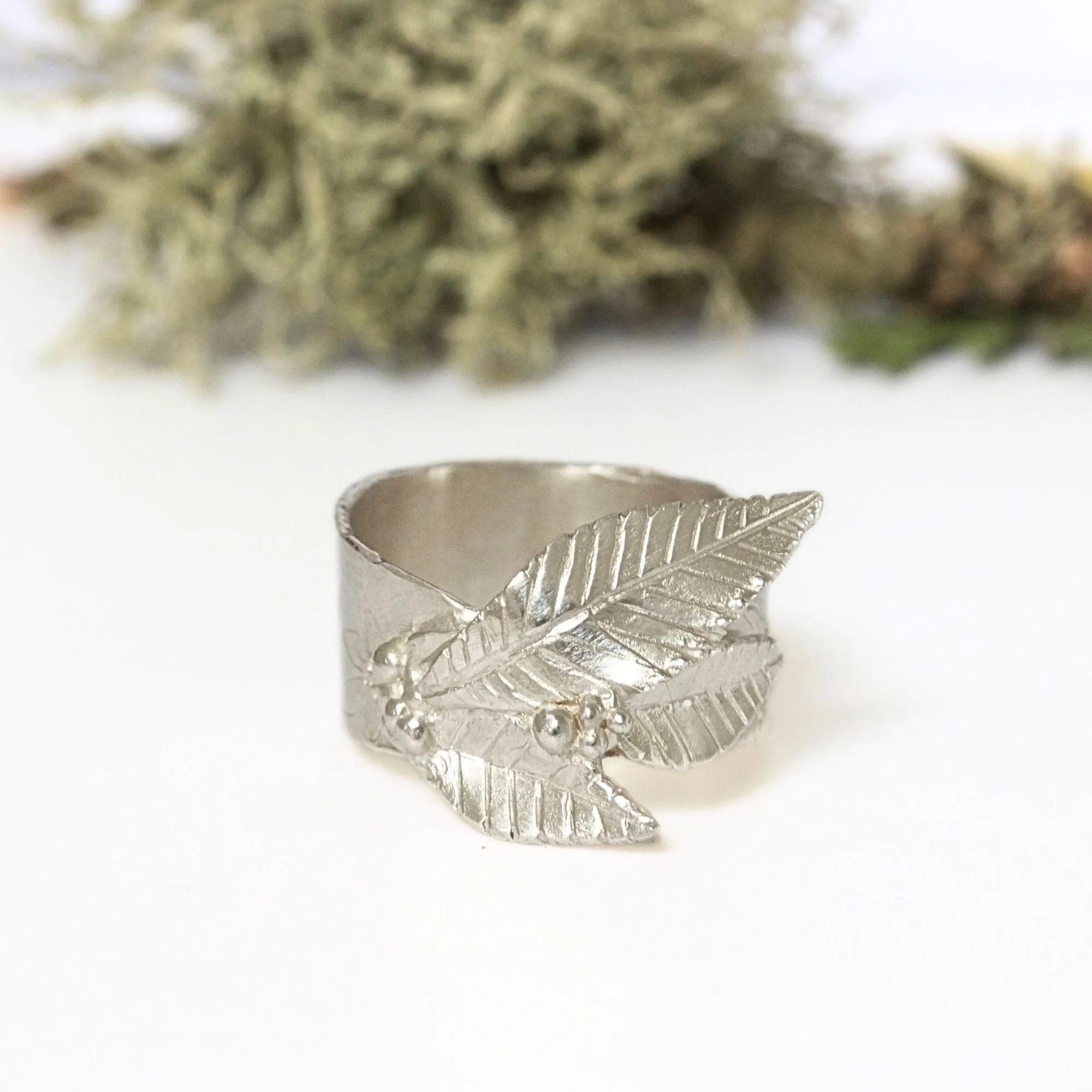 Sculptured Leaf Ring, Carved Silver Leaf Band