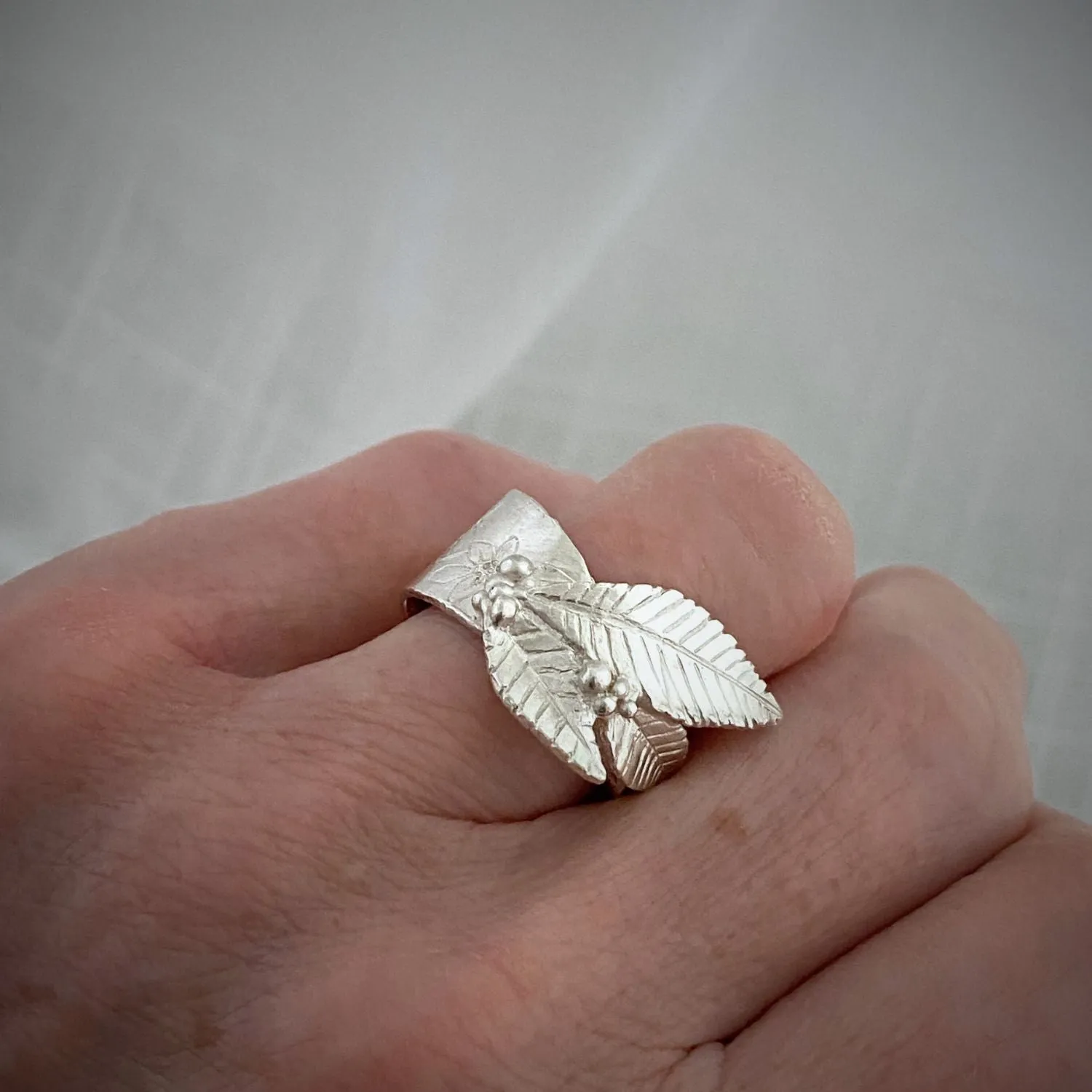 Sculptured Leaf Ring, Carved Silver Leaf Band