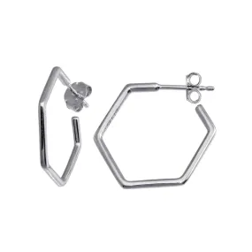 Silver 925 Rhodium Plated Large Hexagon Semi Hoop Earrings