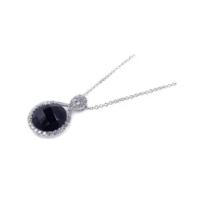 Silver 925 Rhodium Plated Onyx Circle Pendant Necklace with CZ