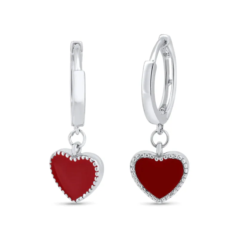 Silver 925 Rhodium Plated Red Enamel Heart 10mm Hoop Earrings