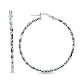 Silver 925 Rhodium Plated Silver Twisted Hoop Earrings