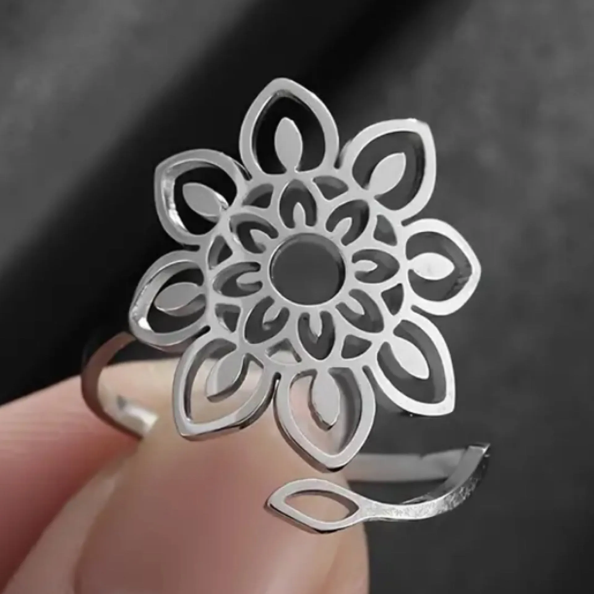 Silver Boho Mandala Flower Ring