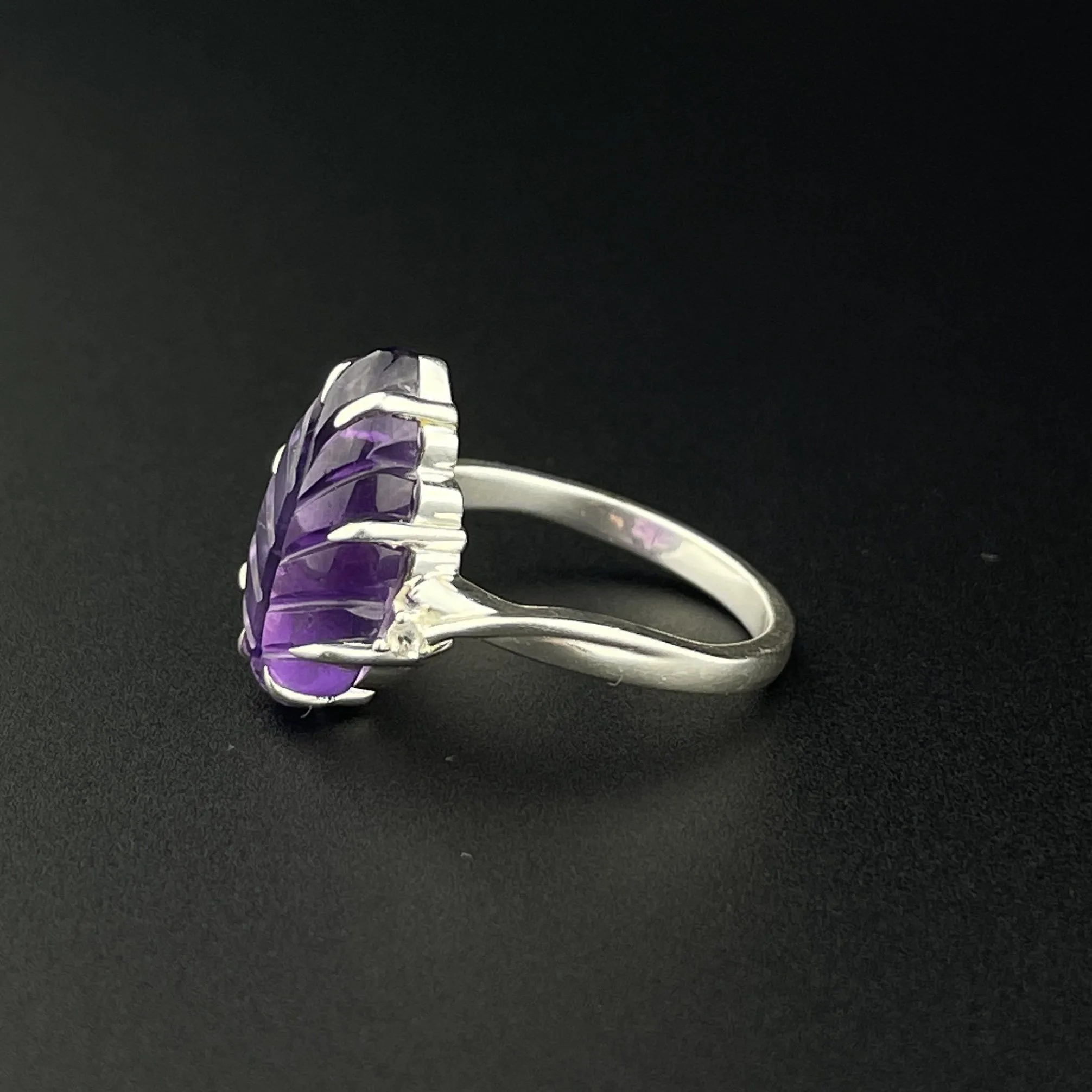 Silver Carved Amethyst Leaf Diamond Statement Ring, Sz 6 3/4