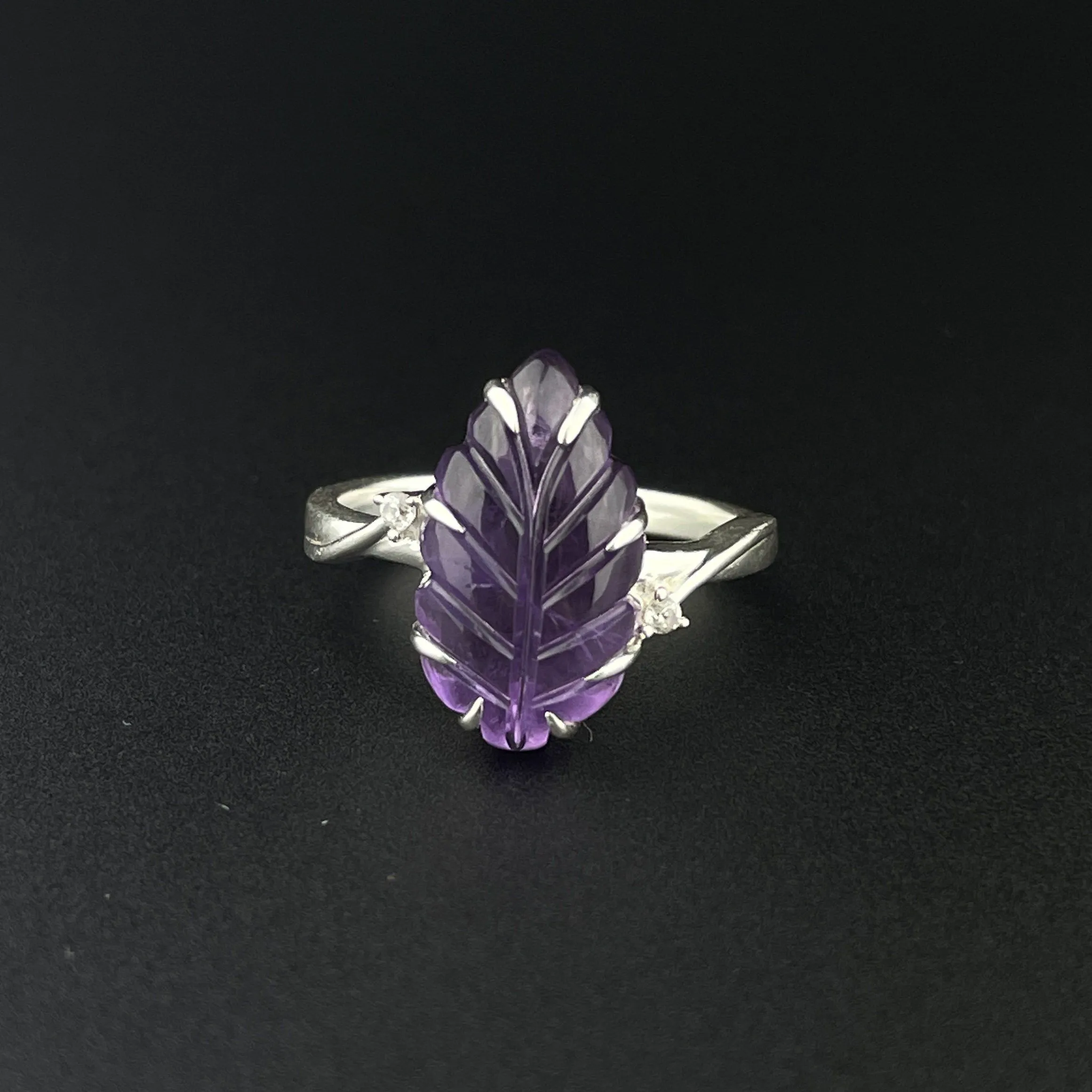 Silver Carved Amethyst Leaf Diamond Statement Ring, Sz 6 3/4