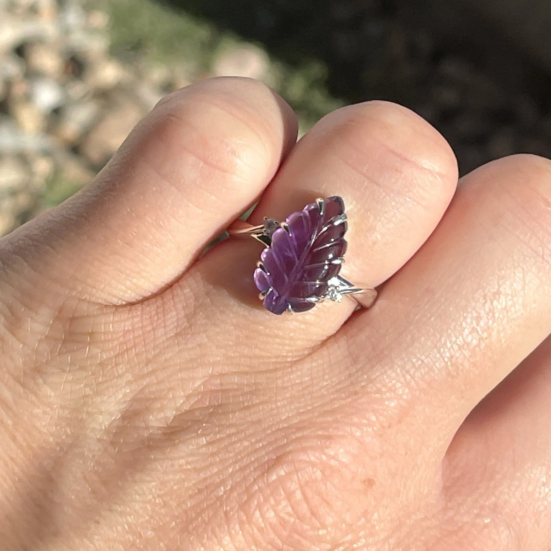 Silver Carved Amethyst Leaf Diamond Statement Ring, Sz 6 3/4