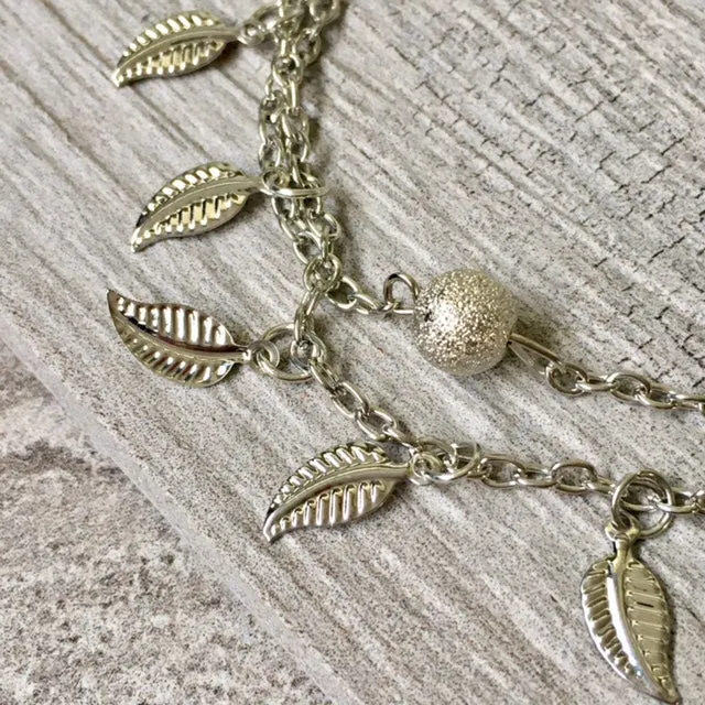 SILVER MULTI LAYER BOHO ANKLET / ANKLE BRACELET WITH LEAF AND BALL DESIGN