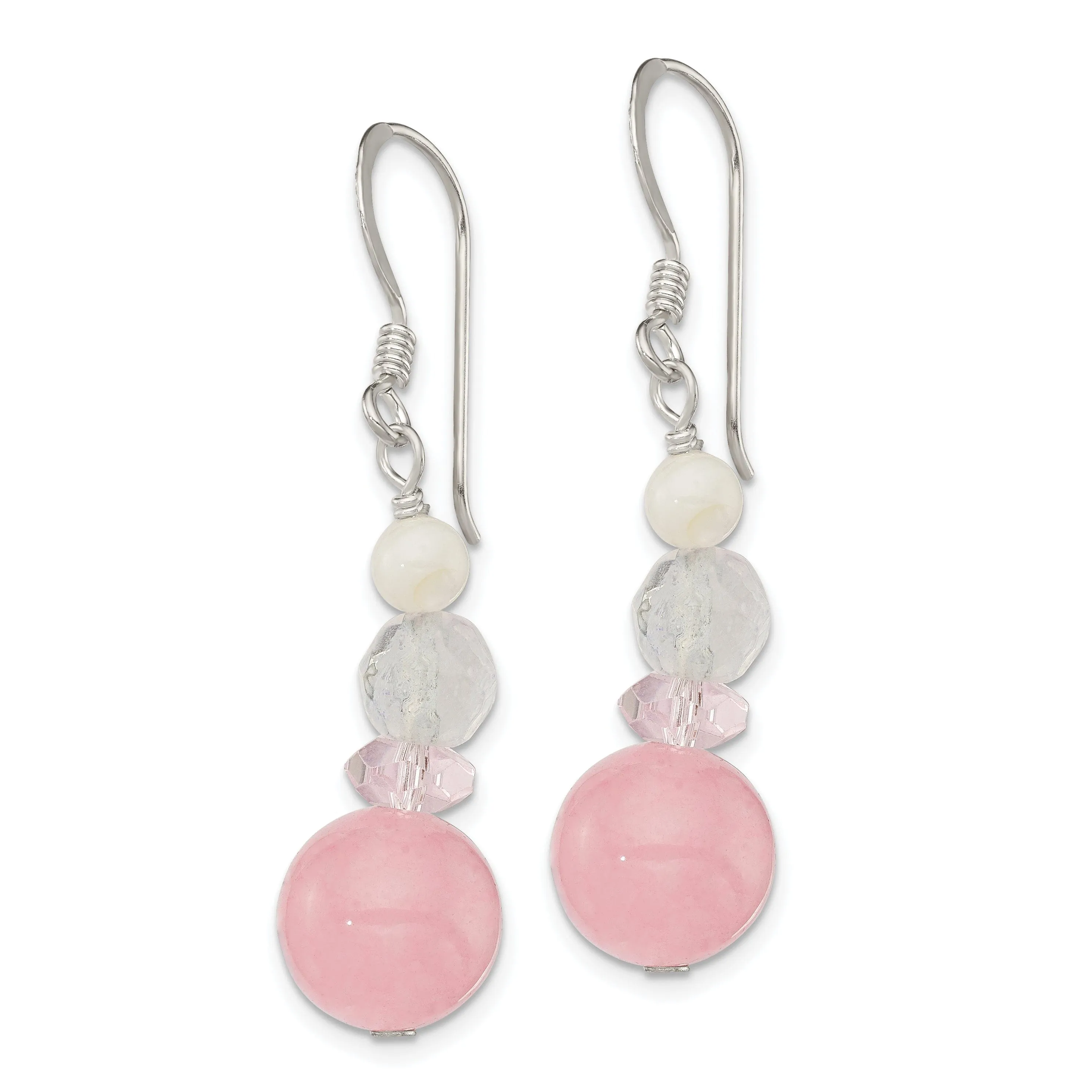 Silver Pink White Crystals Jade Pearl Earrings