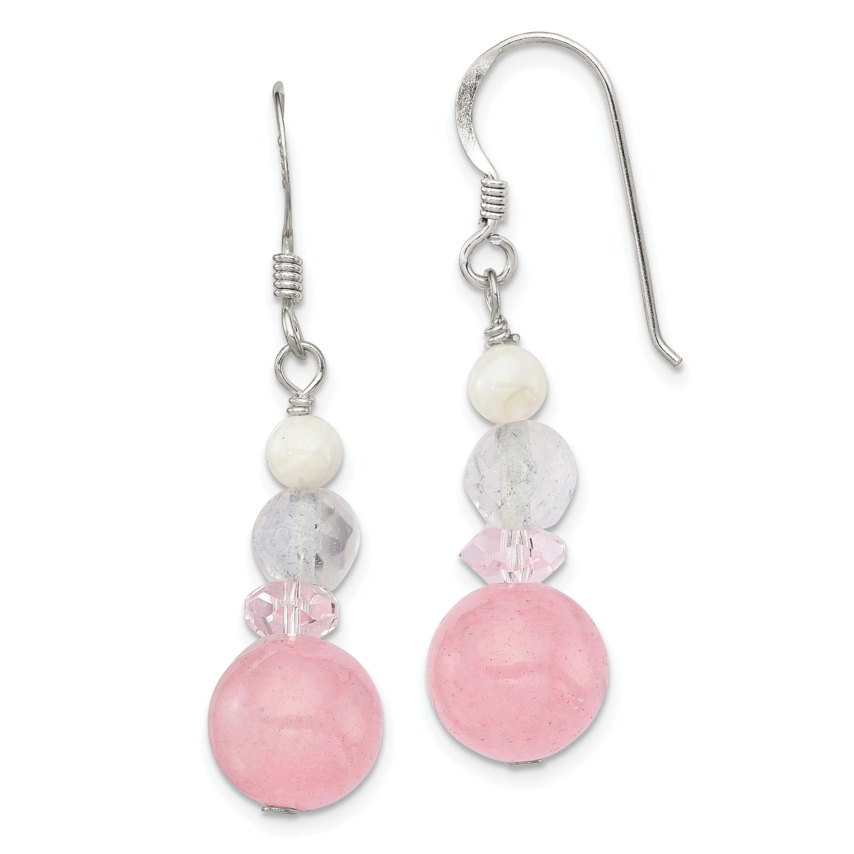 Silver Pink White Crystals Jade Pearl Earrings